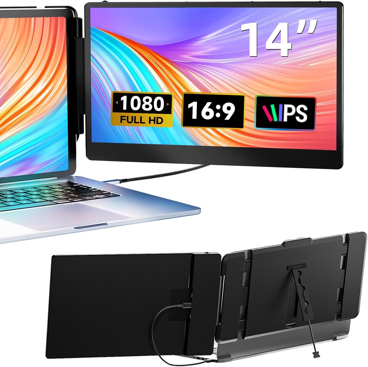 Laptop Screen Extender, 14″ FHD 1080P IPS Dual Laptop Monitor Extender, Plug n Play Portable Travel Monitor for Laptops 13.3″-17″ with HDMI/USB-A/Type-C, Compatible with Windows Mac Chrome Android