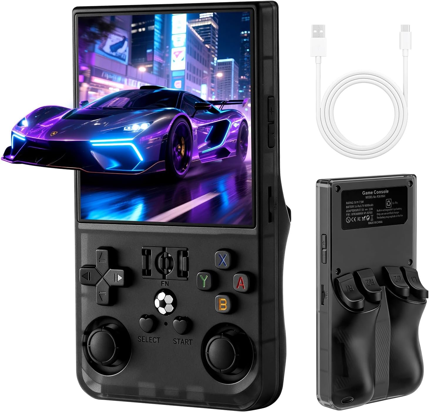 R36MAX Retro Handheld Game Console, 4.0-inch HD IPS Screen, 4000mAh Battery, 64GB Storage, Built-in 18,000+ Classic Game, 30+ Emulators, Black