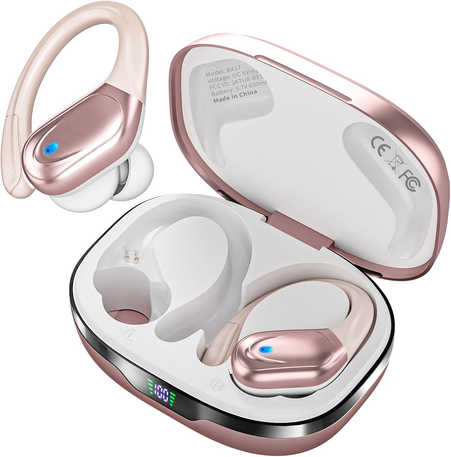 HAOYUYAN Sports Bluetooth Headphones, 80Hrs Playtime Wireless Earbuds with LED Power Display, IPX7 Waterproof Earphones for Workout/Running, Noise Canceling Headset Ear Buds Rose Gold