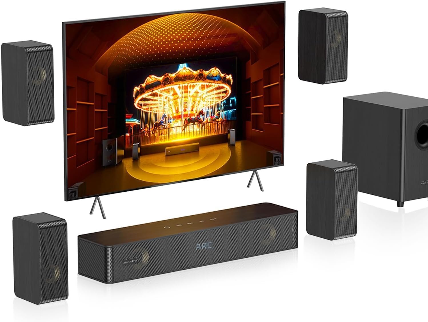 5.1.2 Surround Sound System for TV with 4 Surround Speakers, Soundbar for TV with 5.25″ Subwoofer & 11 Drivers, Clear Voice, ARC/Optical/BT/AUX, Easy Setup Wired Audio System, HiPulse N512