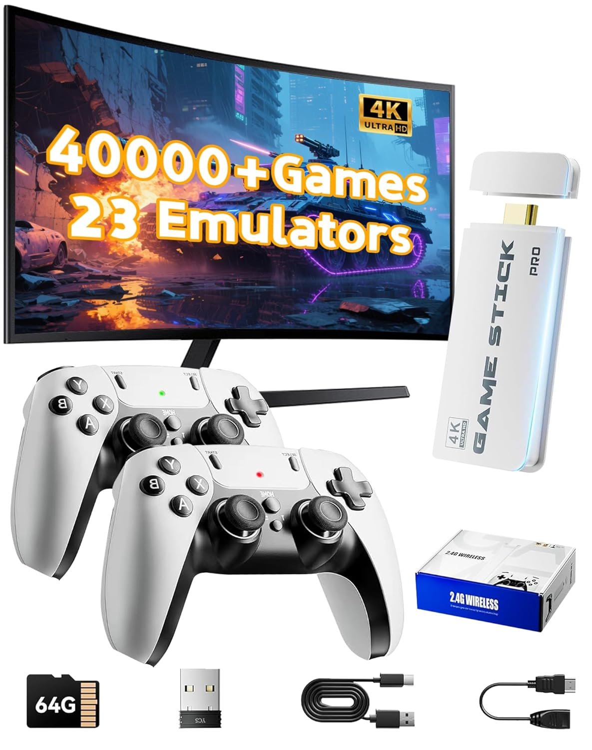 2026 Upgraded Retro Gaming Console Stick Pro, Video Games Stick with 4K HDMI Built-in 23 Emulators Console, 40000+ Game System, Plug and Play TV Game Stick with 2 Wireless Controllers Natural White