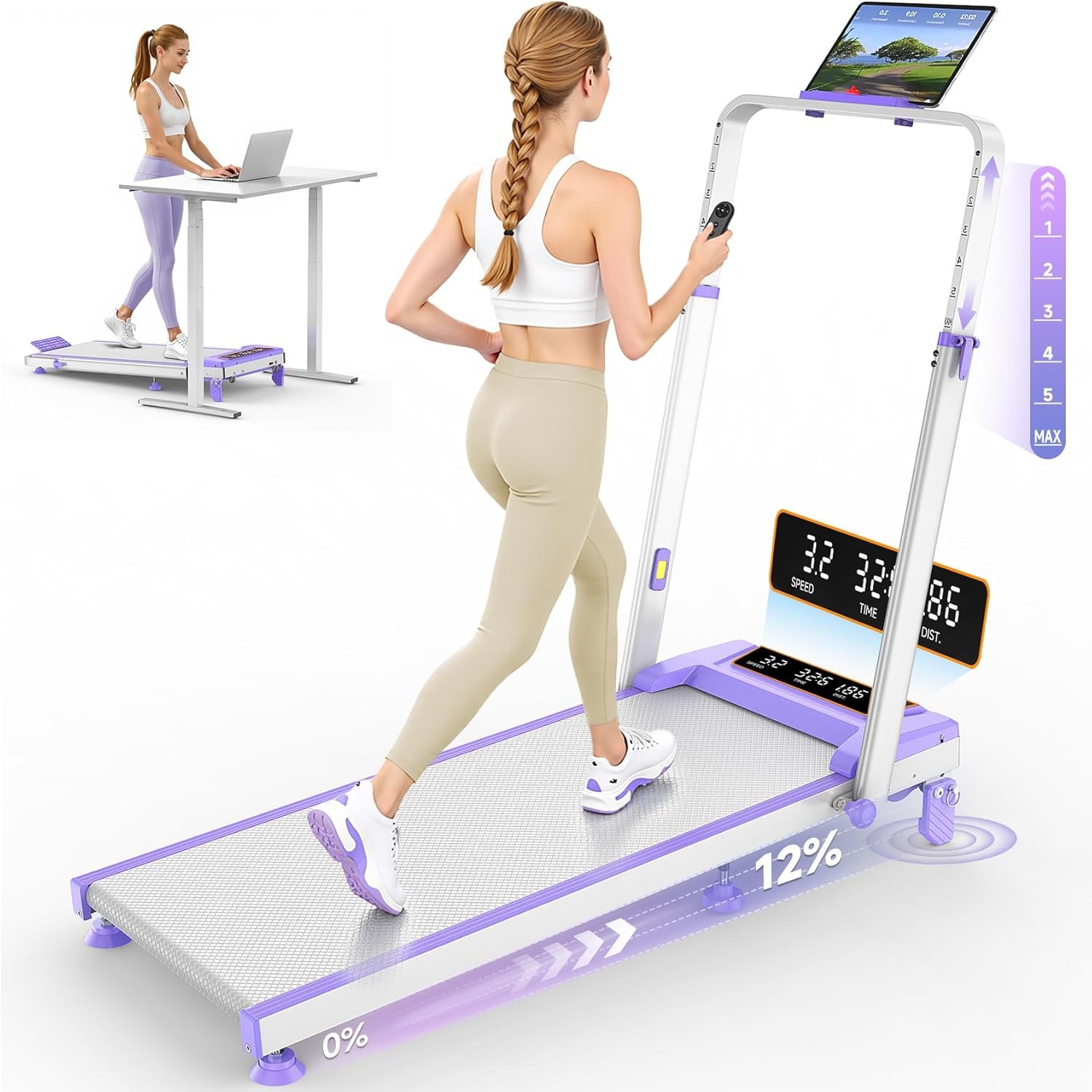 Trisomy 12% Incline Walking Pad Treadmill for Home, 3.5HP Walking Pad with Incline/Adjustable Height, 4 in 1 Under Desk Treadmill with Handle Bar, Folding Walking Pad 350LBS, APP & Remote, LED Display