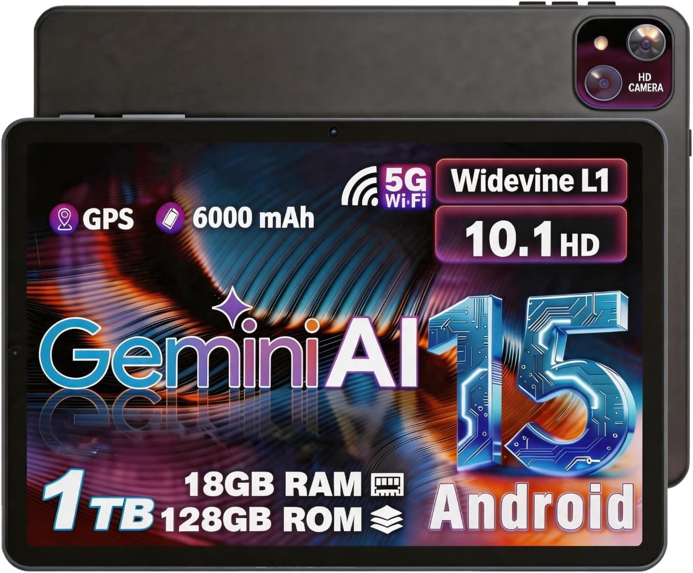 10 Inch Android Tablet, Android 15 with 18GB RAM + 128GB ROM (1TB Expandable), Octa-Core, 1280×800 IPS HD Touchscreen, 5MP+8MP Dual Camera, 6000mAh, Tablet with Face Unlock, Gaming, Widevine L1