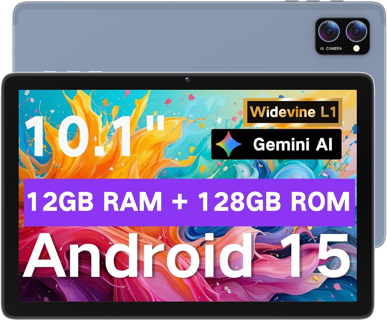 JUNYANG Tablet 10.1 Inch Android 15, 12GB RAM 128GB Storage (2TB Expandable), Octa-Core, Gemini AI, HD Touchscreen, 8-Hour Battery, Dual-Band WiFi Tablet for Gaming, Reading & Learning