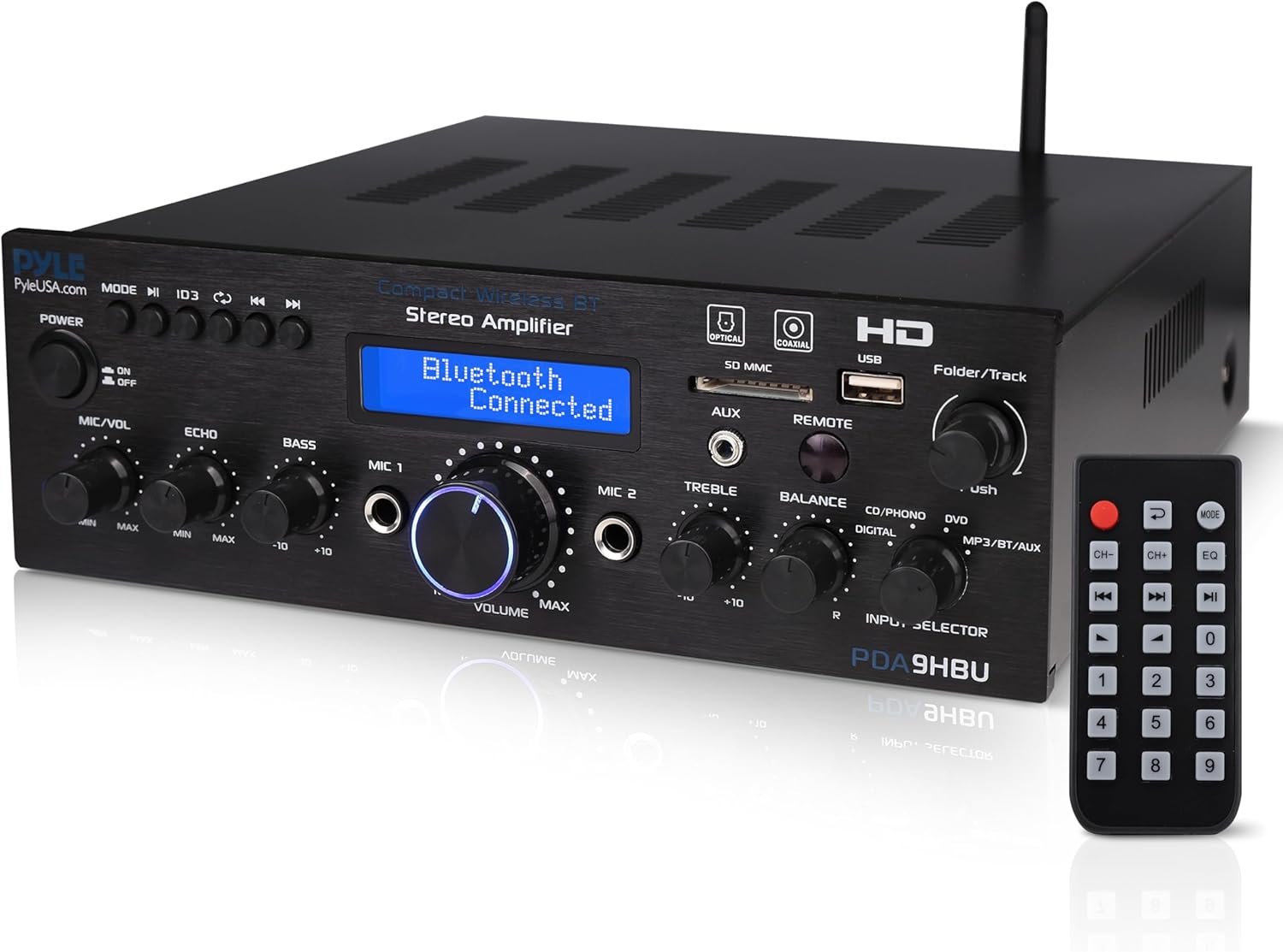 Pyle Wireless Bluetooth Home Stereo Amplifier – Multi-Channel 200 Watt Power Amplifier Home Audio Receiver System w/HDMI, Optical/Phono/Coaxial, FM Radio, USB/SD, AUX, RCA, Mic in – Remote – PDA9HBU