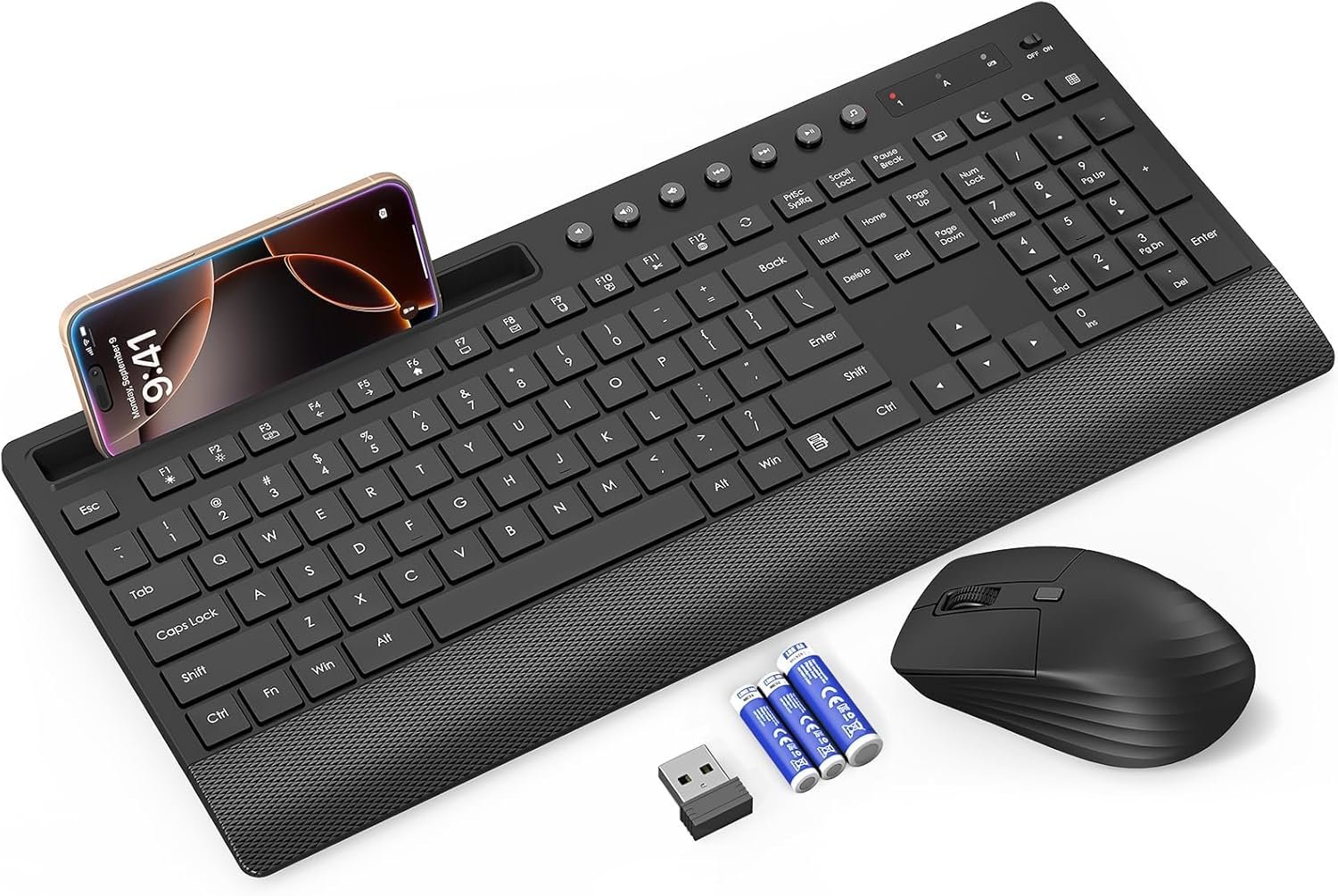 Trueque KM31 Wireless Keyboard and Mouse Combo – Full-Size Quiet Typing with Palm Rest, Phone Holder, Multimedia Keys, Power Switch, Batteries Included, Compatible with Windows, Chrome OS, PC, Laptop