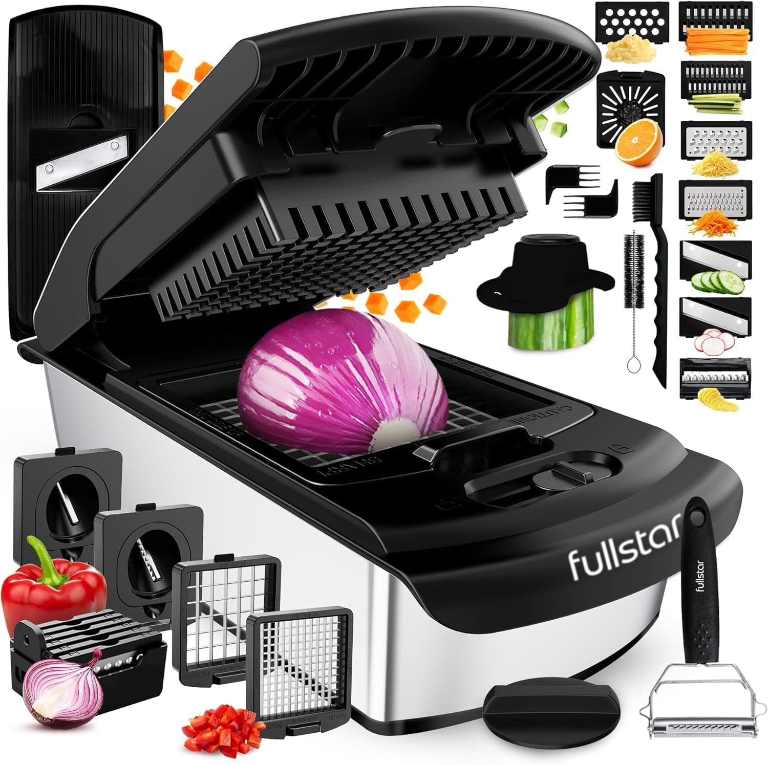 Fullstar Premium Vegetable Chopper and Mandoline Slicer – Food Chopper and Spiralizer with Container, Julienne Slicer, Fruit Slicer, Veggie Cutter, Kitchen Gadgets & Gift for Mom (14 in 1, Steel)