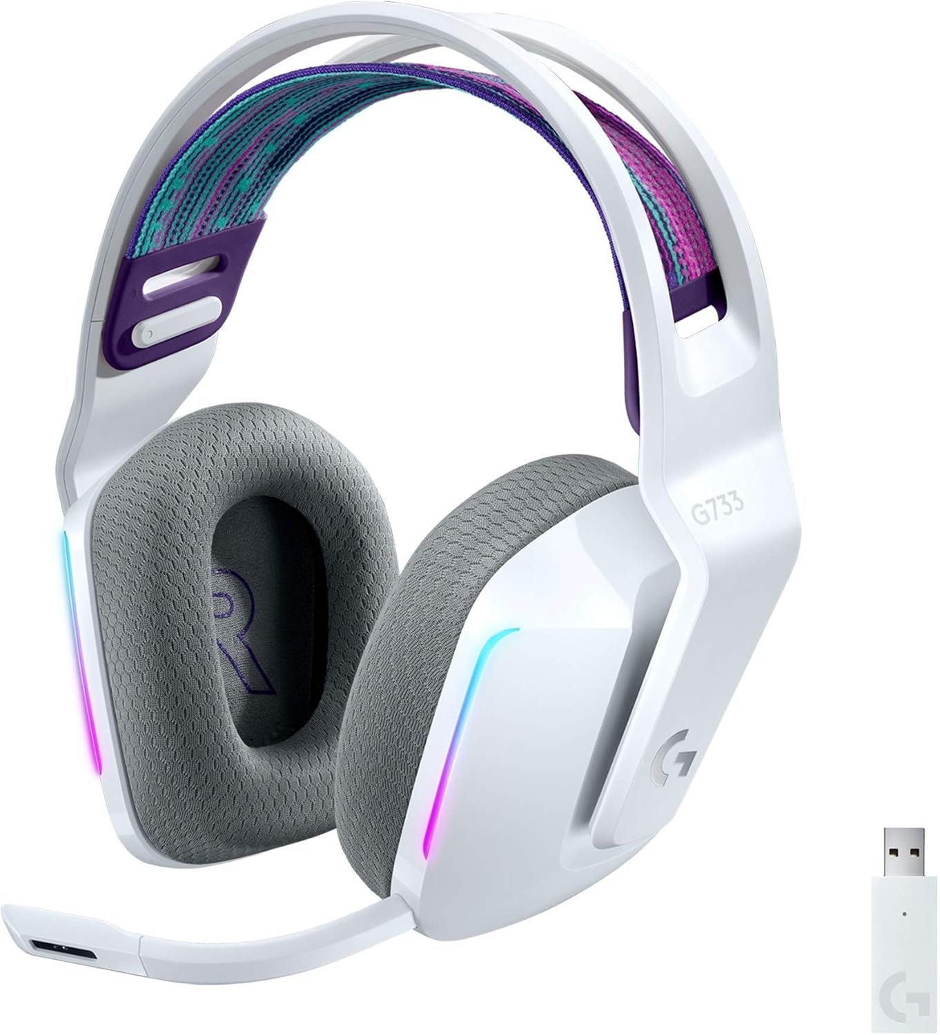 Logitech G733 Lightspeed Wireless Gaming Headset with Suspension Headband, LIGHTSYNC RGB, Blue VO!CE mic Technology and PRO-G Audio Drivers – White