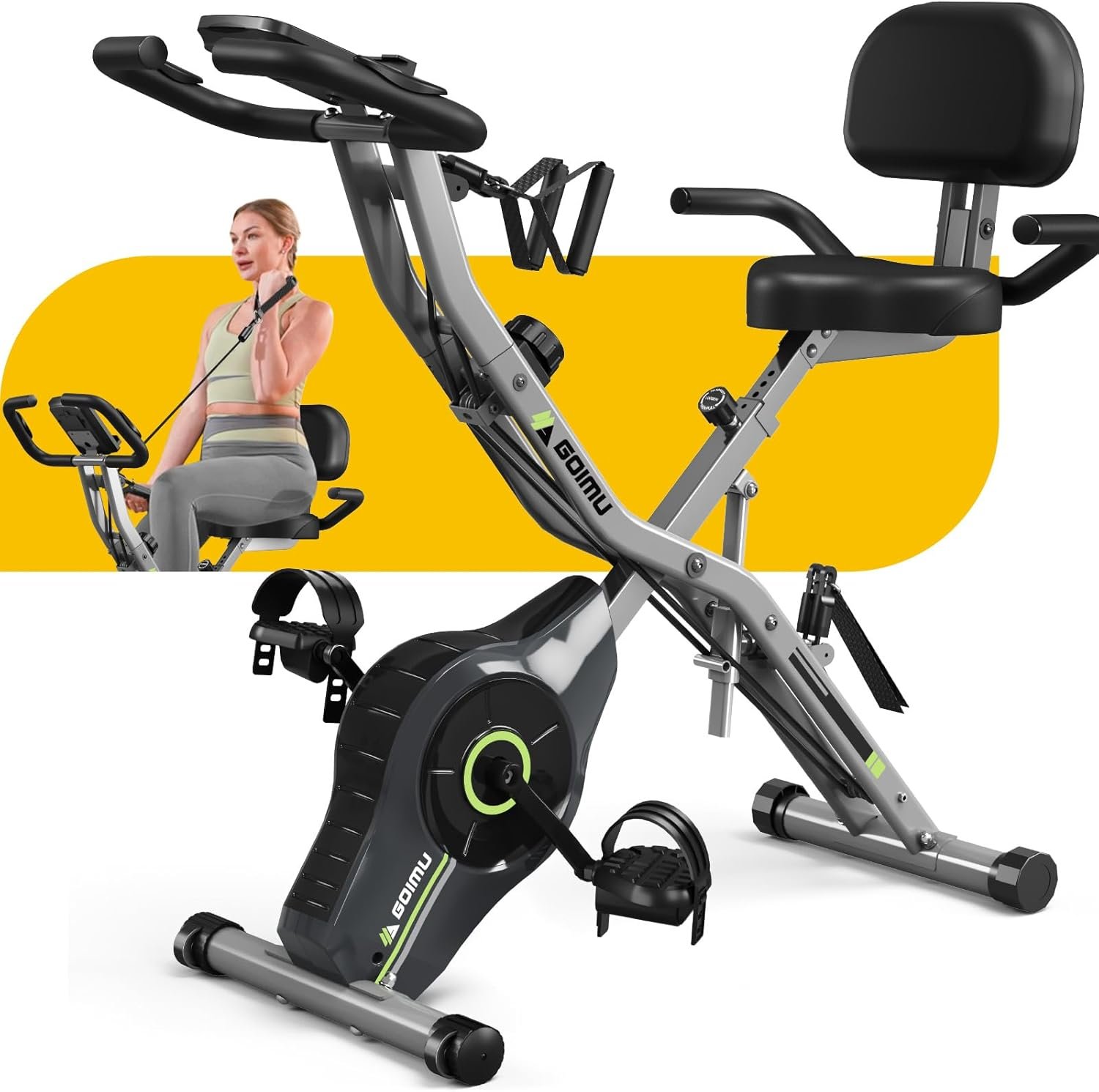Exercise Bike, 5 in 1 Foldable Stationary Bike for Seniors, 16-Level Adjustable Magnetic Resistance, Indoor Workout Bike with 330LB Capacity, Comfortable Seat Backrest X-bike