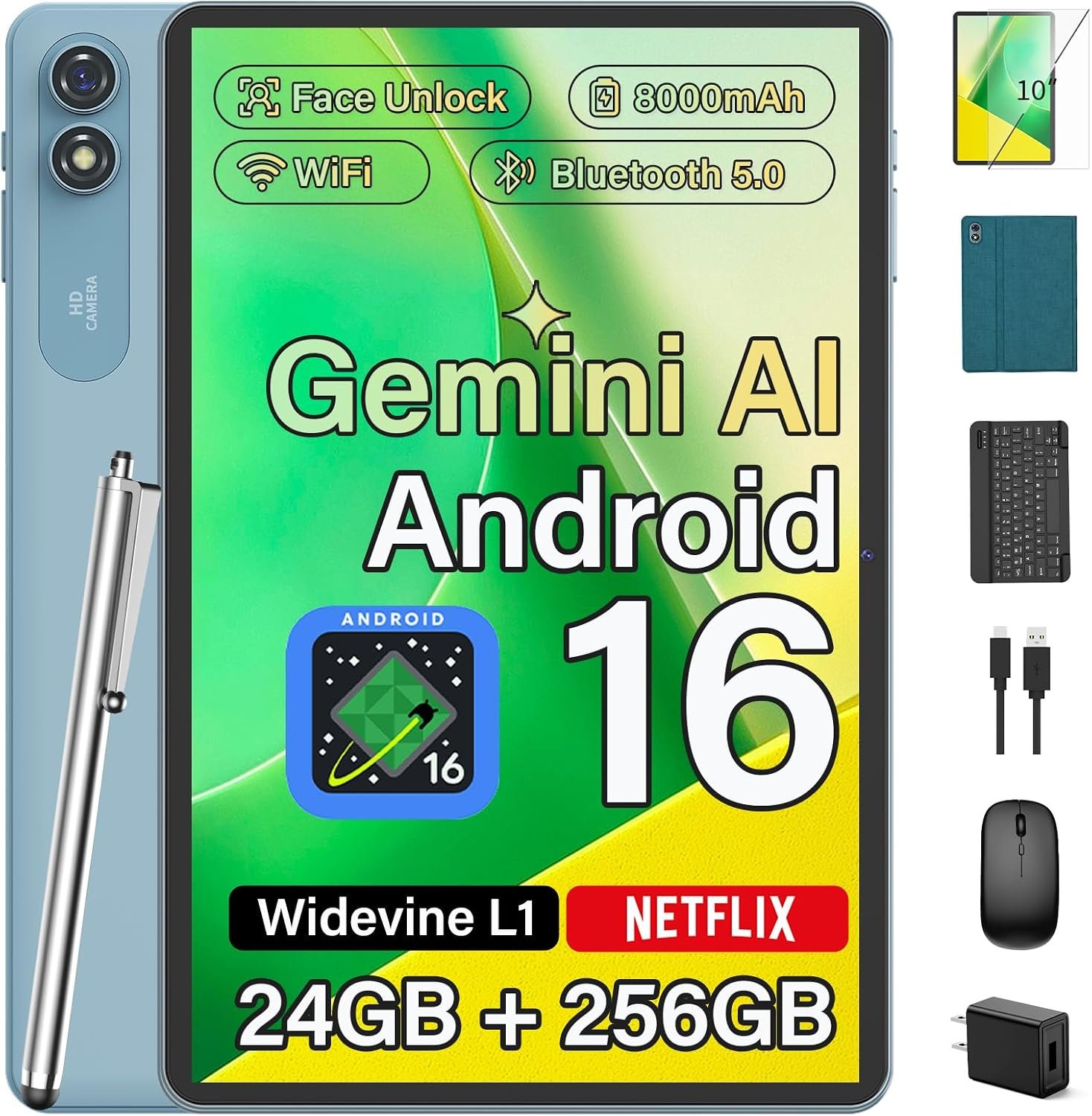Android Tablet with Keyboard, 2026 Upgraded Android 16 tablet with 24GB+256GB+2TB Expand, 10 inch Tablet PC with 8-Core, Gemini AI, WiFi, 8000mAh, GPS, 2-in-1 Tablet with Case/Mouse/Stylus(Green Case)