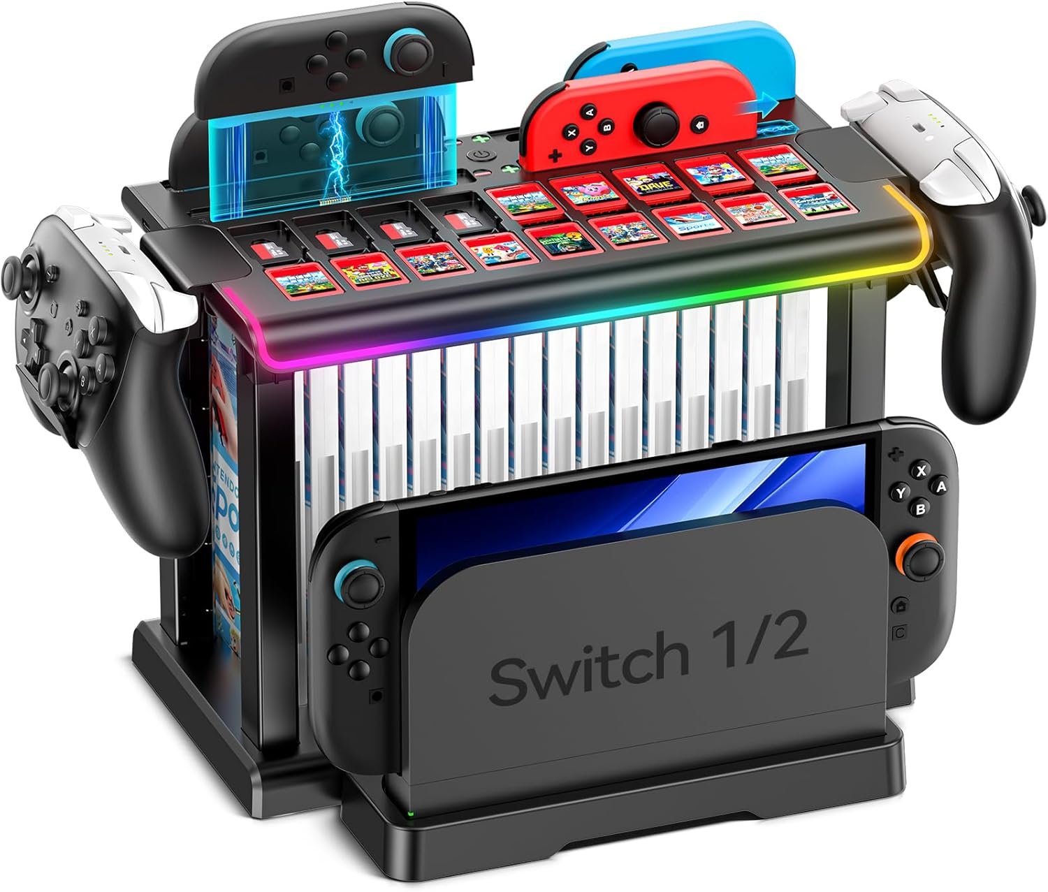Switch 2/1/OLED RGB Organizer Station with Controller Charging Dock, Switch Storage Stand, Joycon 1/2 Charger, Gaming Accessories Holds TV Dock, 16 Game Cases, 18 Game Cards, and 2 Pro Controllers