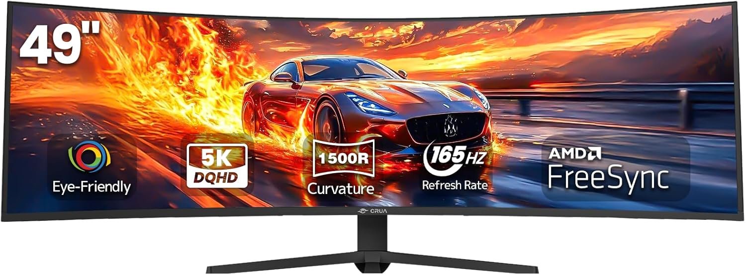 CRUA 49″ Curved Gaming Monitor | DQHD(5120 * 1440), 144Hz/165Hz, 1500R, 32:9, AMD FreeSync, 120% sRGB, Height Adjustable Ultra-Wide Screen Monitors, HDMI 2.1 & DP 1.4, Wall Mount Install- Black