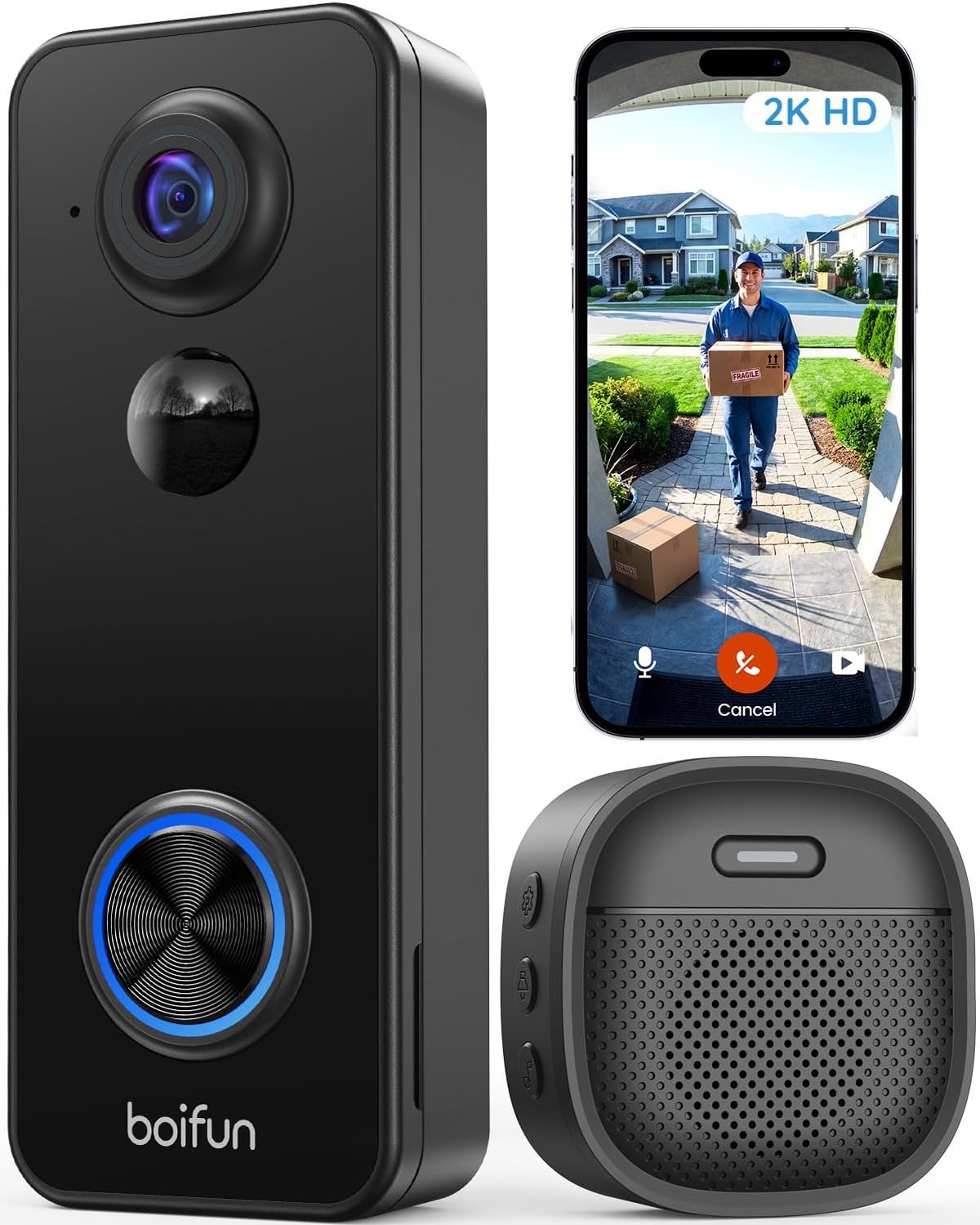 BOIFUN Video Doorbell Camera Wireless, 180° Wide View, 2K HD, No Subscription, AI Human Detection, Head-to-Toe, HDR Night Vision, Two-Way Audio, Battery Powered with Chime, 2.4 GHz Wi-Fi Only