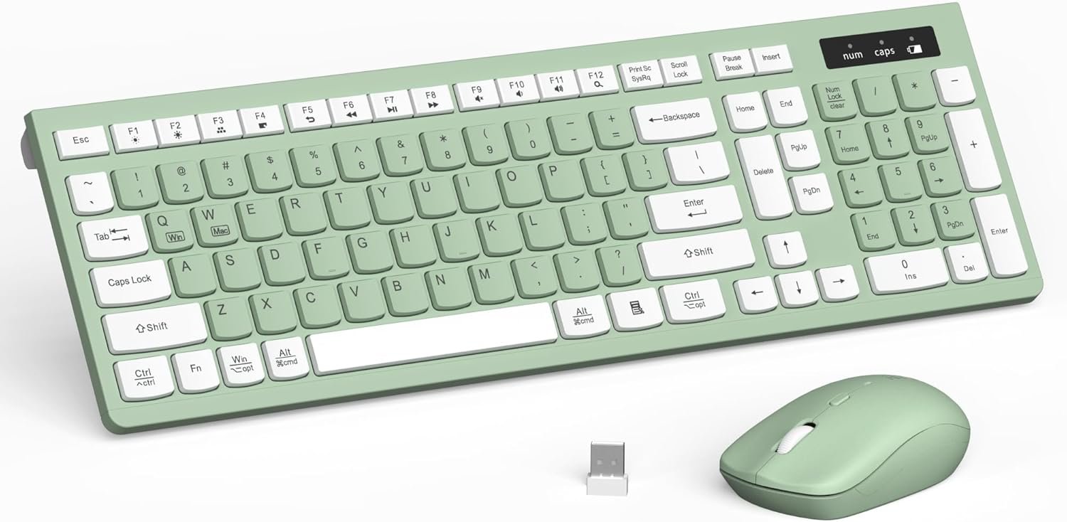 Wireless Keyboard and Mouse Combo, 2.4G Full Size Silent Keyboard with Fn Multimedia Keys for Office and Home, 3-Level DPI Adjustable Quiet Mouse for Windows,Mac OS Desktop/Laptop/PC(Avocado Green)