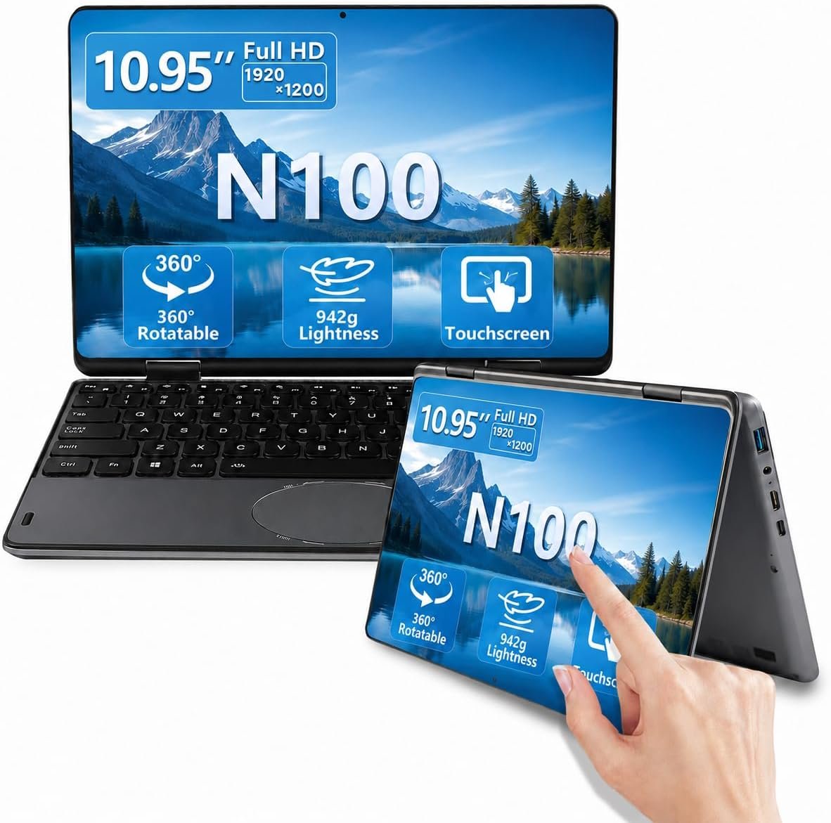 11 Inch 2 in 1 Laptop, 360° Touchscreen Convertible Laptop Computer, Celeron N100 (Up to 3.4GHz), 16GB DDR4 RAM, 1920×1200 IPS Display, Backlit Keyboard (Gray, 16GB+512GB SSD)