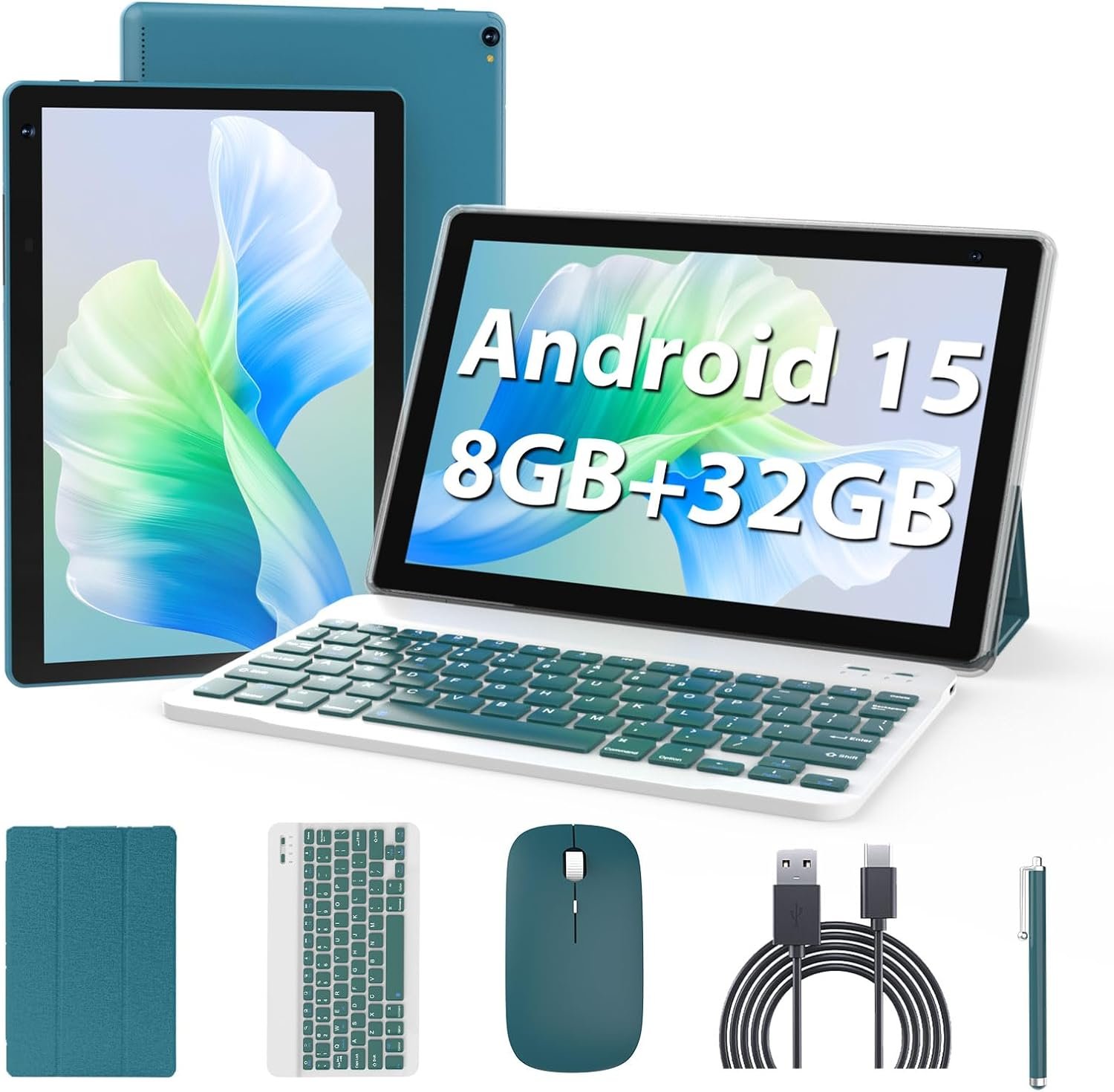 Android 15 Tablet 10 inch, 2 in 1 Tablets with Keyboard Case Mouse Stylus, 8GB RAM 32GB ROM 1TB Expand, Quad Core Processor Tablet, WiFi, BT, 1280×800 HD Screen, 6000mAh, Dual Camera, GMS, Widevine L1