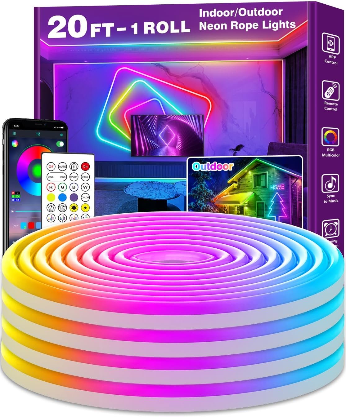 AILBTON 20Ft Neon Rope Lights,Flexible Led Rope Lights Control with App/Remote,Multiple Modes Music Sync Gaming RGB Led Neon Lights for Bedroom Outdoor