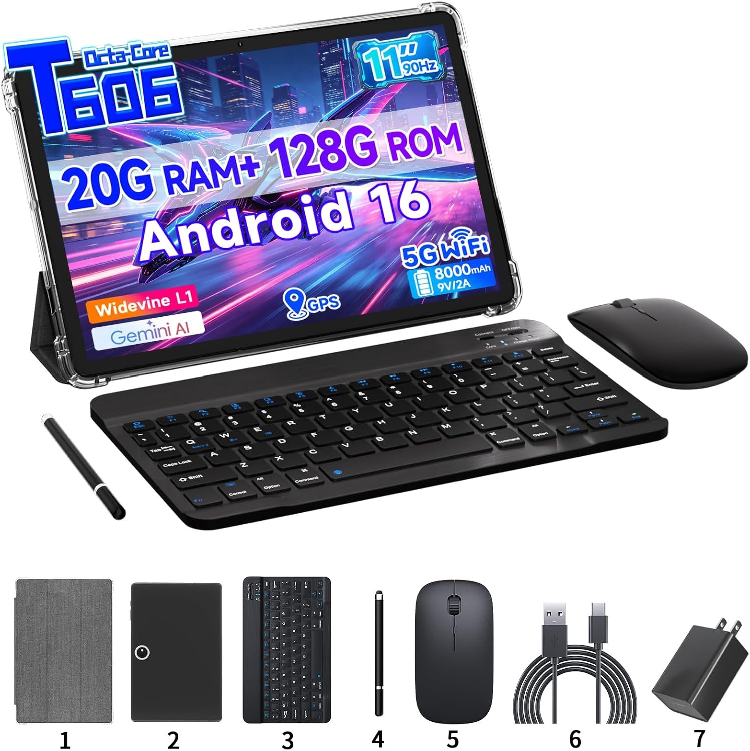 11 inch Tablet 2 in 1 Tablets, 20GB RAM 128GB ROM, Android 16 Tablet with Case keyboard mouse Stylus Support 2TB Expandable, 13MP Camera, Octa-core Processor 5G WiFi-6 8000MAH Battery 11” Tableta.