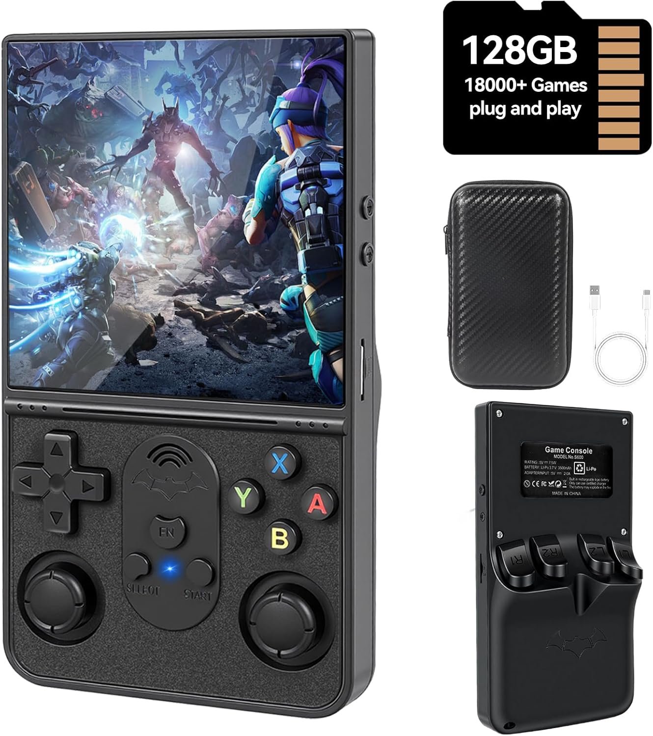 S600 Retro Handheld Game Console, 4 Inch 720p IPS Screen, 128GB with 18,000+ Pre-Installed Games, 3000mAh Battery for Long Play, Portable Linux System (Black)