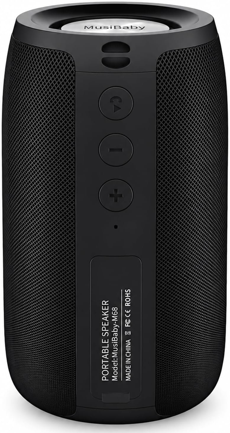 Musibaby M68 Portable Bluetooth Speaker, 12W, IPX5, FM, USB/AUX, Black | Portable 12W speaker for bedroom, desk, patio and travel. IPX5 splash-resistant with FM, USB drive, AUX and dual pairing.