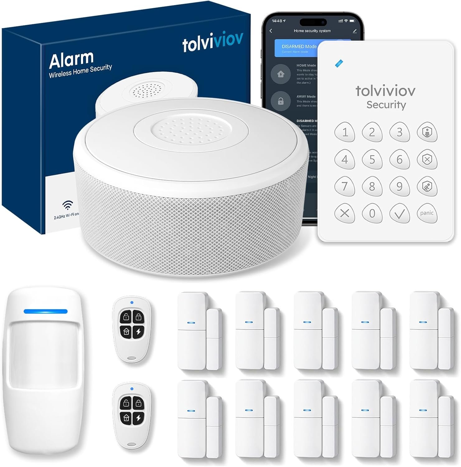 tolviviov Alarm System for Home Security, Door Alarm Systems, App Alerts, 15Piece Kit, No Monthly fee, WiFi Alarm, Door Window Motion Sensor, for Home Security and Kids Safety