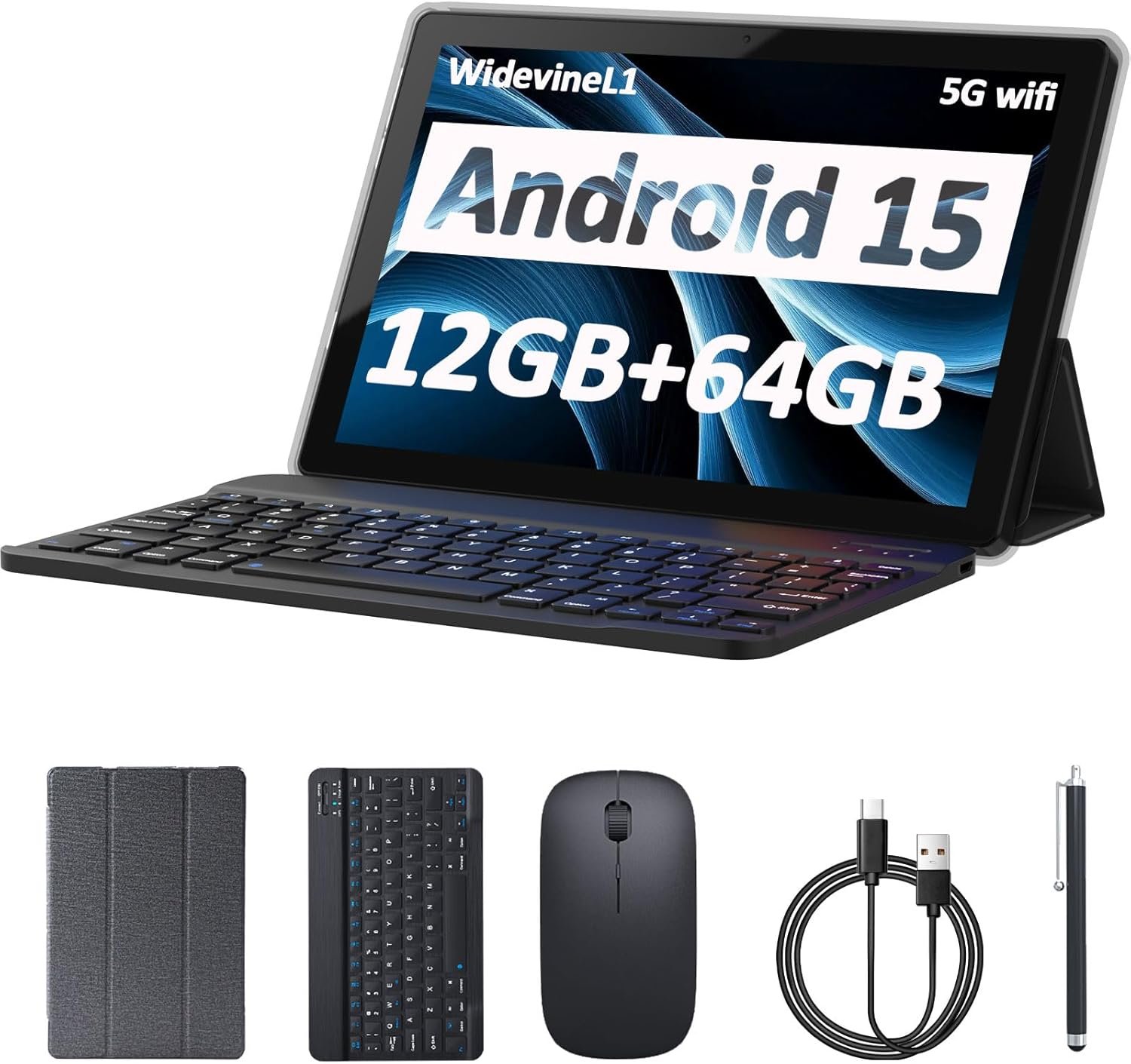 Android 15 Tablet 10 Inch, 12GB RAM+64GB ROM+1TB Expandable, 2 in 1 Tablets with keyboard/ Case/ Mouse/ Stylus, 1.8Ghz Quad-core Processor, 8MP Camera, 1280*800 IPS HD Screen Tablet, 5G WIFI 6 BT 5.0