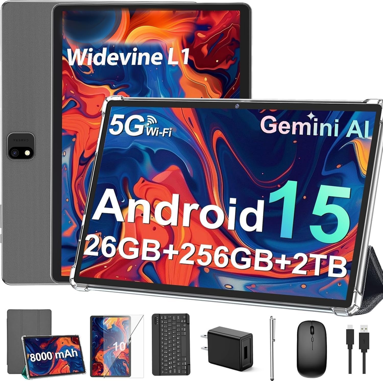 Android Tablet with Keyboard, 2026 Android 15 Tablet 10 inch, 26GB+256GB+2TB Expand, Electronic Tablet PC with Gemini, 8-Core, 8000mAh, 5G WiFi, GMS, 2 in 1 Tablet with Case/Mouse/Stylus(Silver Case)