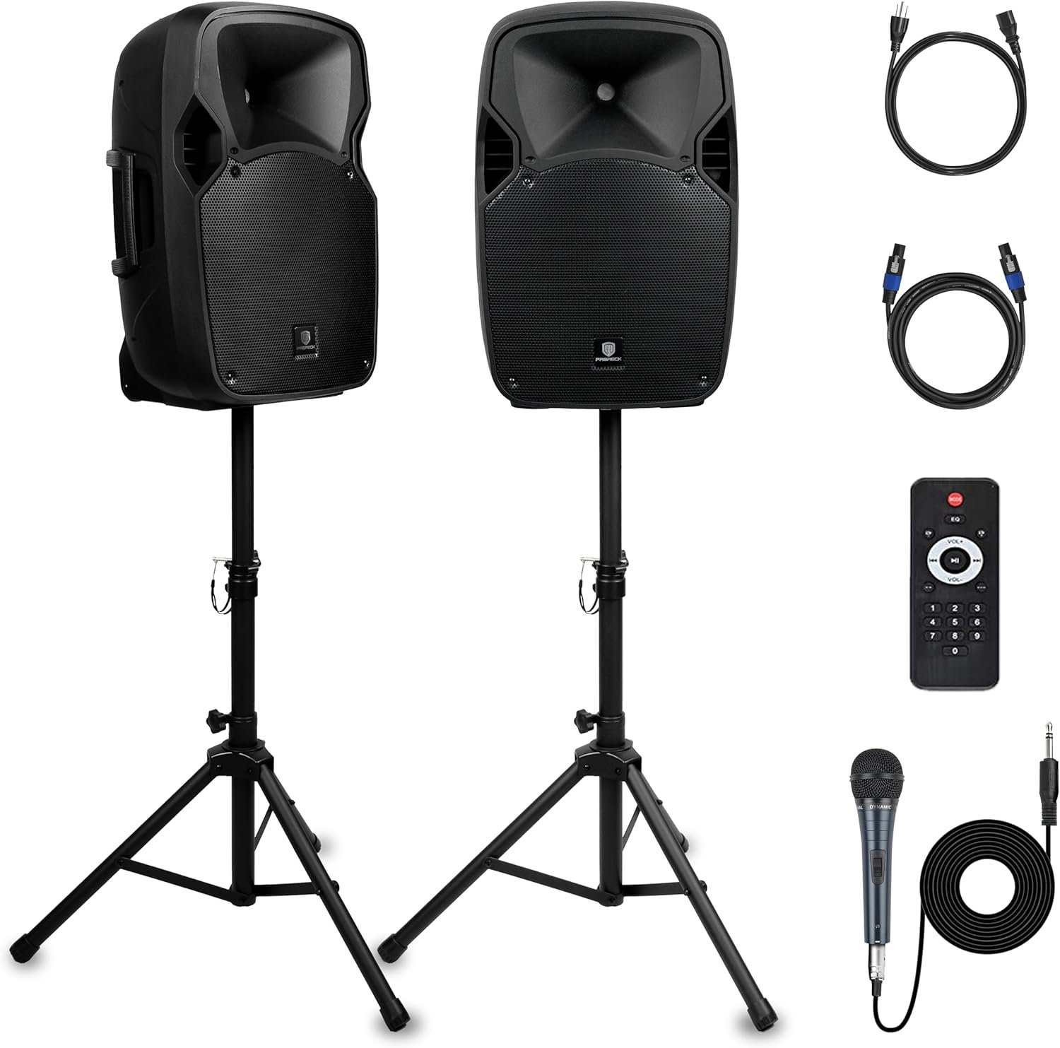 PRORECK Party 12 12-Inch 1800W 2-Way Powered PA Speaker System Combo Set with Bluetooth/USB Drive/SD Card/FM/Remote Control/Speaker Stands for Indoor, Outdoor DJ Parties, Personal Gatherings, Karaoke