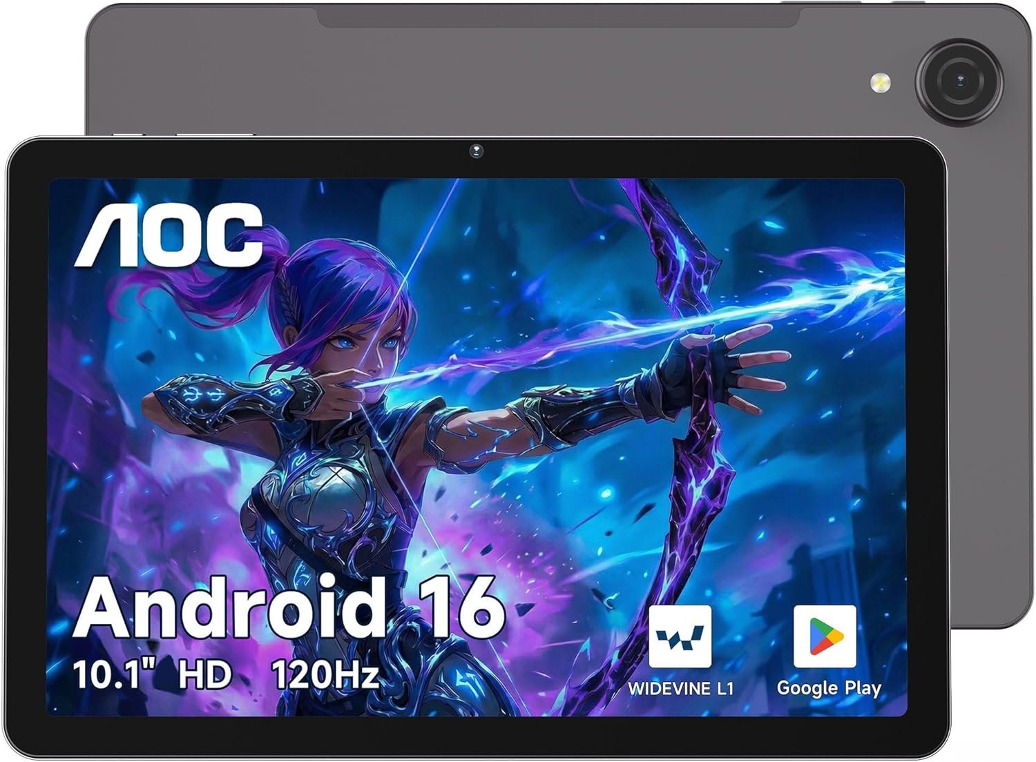 AOC 10.1 inch Android Tablet, Android 16 System, 120Hz Ultra-Smooth Display, 4GB RAM 128GB ROM (1TB Expandable), Octa-Core Processor, Widevine L1 for HD Streaming, Face Unlock, Slim Metal Body, GPS