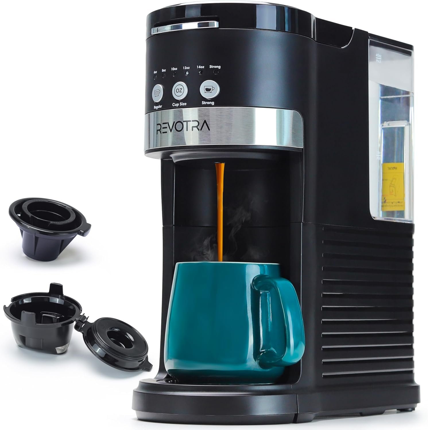 REVOTRA Single Serve Coffee Maker for Pods & Ground Coffee, 6 to 14oz Brew Sizes, Strong Brew Option, Fast Brewing, Compact Design with Removable 40oz Reservoir