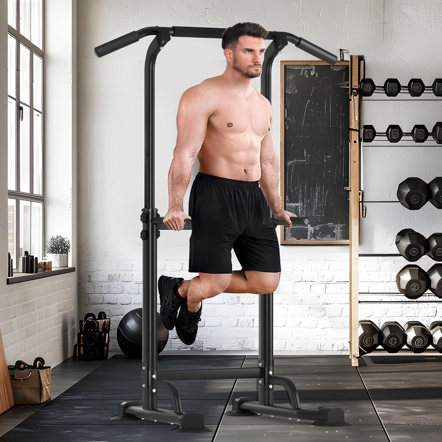 SogesHome Power Tower Pull Up Bar and Dip Station, Height Adjustable Dip Stand Exercise Machine for Home Gym, Multi-Functional Free Standing Strength Training Fitness Workout Station