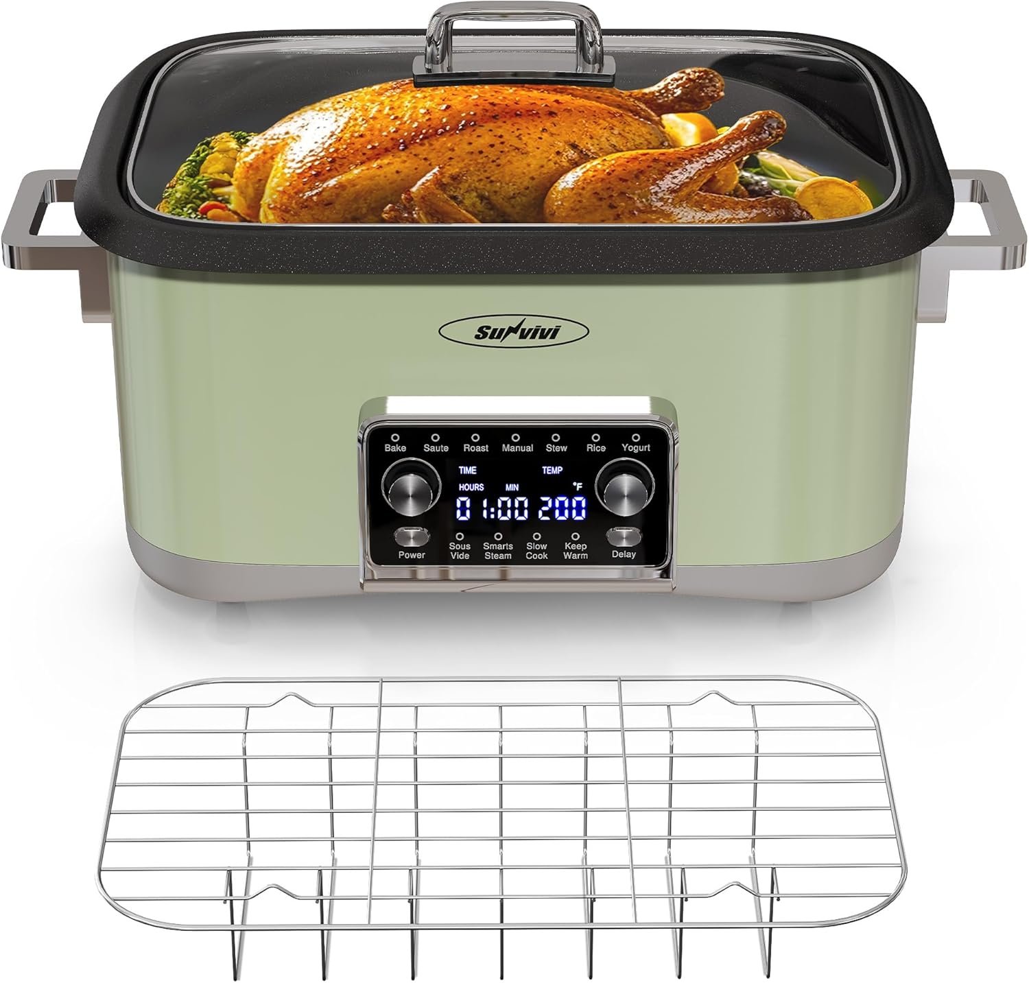 12-in-1 Programmable Slow Cooker Roaster Oven, 8 Quart Digital Multi-Cooker Food Warmer with Timer, Temp Control & Auto Shut Off, Removable Non-Stick Pot, Dishwasher-Safe Glass Lid, Green