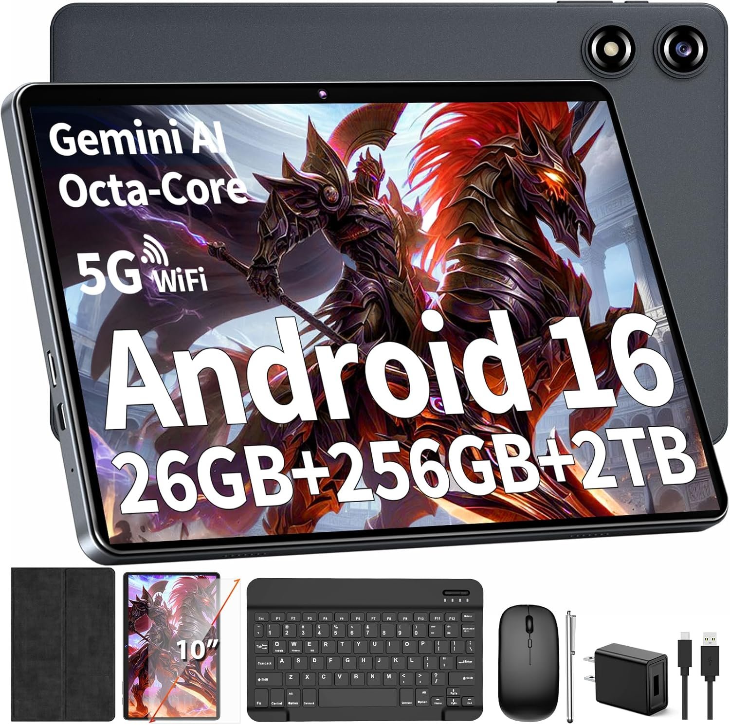 Android Tablet with Keyboard – Android 16 tablet with 26GB+256GB+2TB Expand, 10 inch Tablet with 8-Core, Gemini AI, 5G WiFi, 8000mAh, GPS, GPS, Electronic Tablet PC with Case/Mouse/Stylus-Black Case