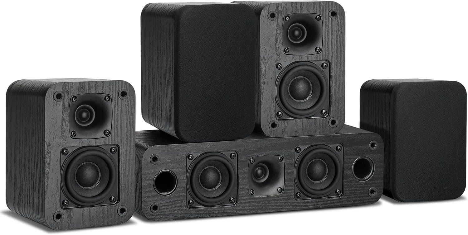 Saiyin 5.0 Surround Sound Speakers | 235 Watts Peak Power | Home Theater Speakers with Black Classic Retro Wood Grain | Amplifier or Receiver Required | Cable Not Included