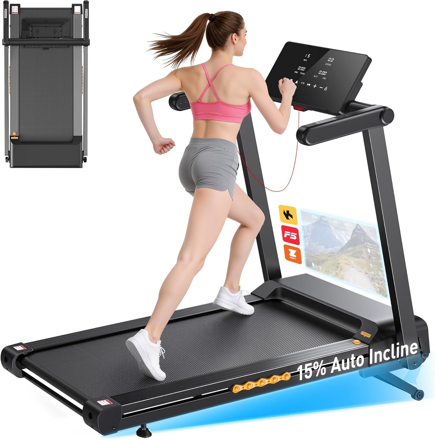JAGJOG Treadmill for Home with 15% Auto Incline, 3.5HP Quiet Foldable Treadmill, 12 HIIT Programs, 14.96″ Wide LED Touchscreen, Smart App & Heart Rate, 300 LBS Capacity, Fully Assembly