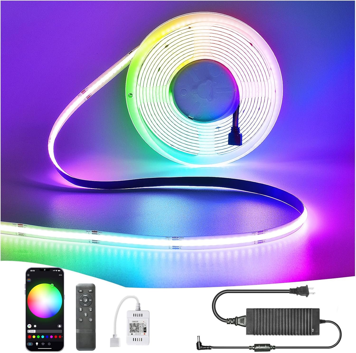 COB Led Strip Light 32.8FT RGB Color Changing, 10mm Width 24V5A Flexible Led Tape Light WiFi/Bluetooth Connect, APP/Remote Control, Music Sync for TV Led Backlight, Bedroom Home Decor