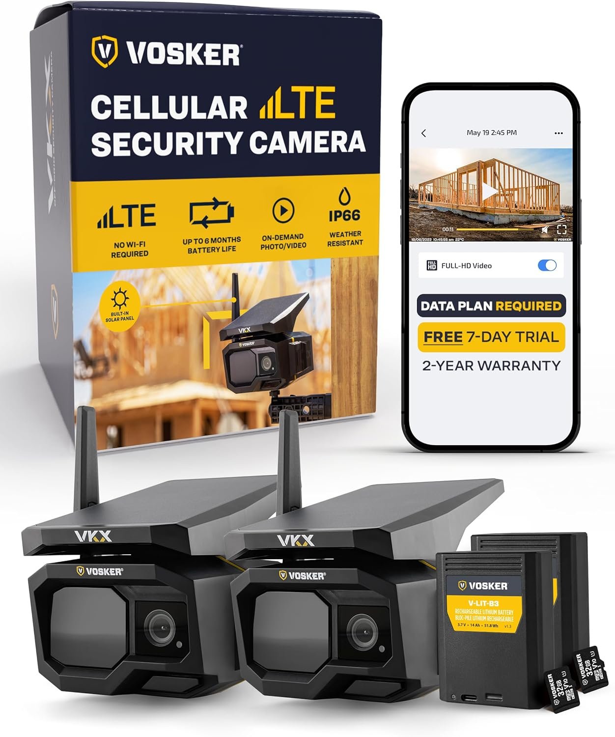 Vosker VKX Solar Powered 4G-LTE Outdoor Cellular Security Camera – No WiFi Needed, Motion Activated, Night Vision, SIM Card Included, IP65 Weather-Resistant, Photos & 15s Video Requests (2 Pack)