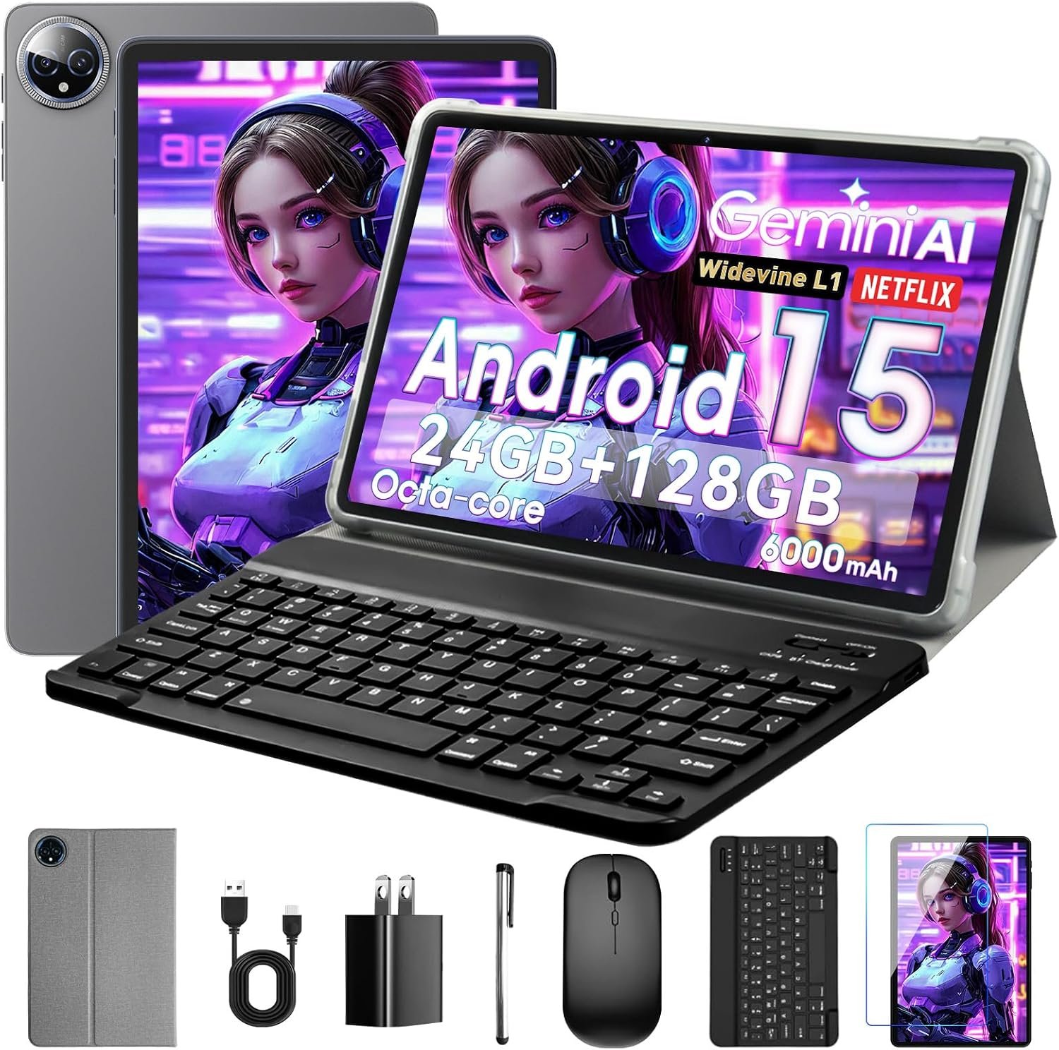10 Inch Tablet, Android 15 with 24GB RAM + 128GB ROM (1TB Expandable), Octa-Core, 1280×800 IPS HD Touchscreen, 5MP+8MP Dual Camera, 6000mAh, Tablet with Keyboard, Mouse, Widevine L1(Gray)