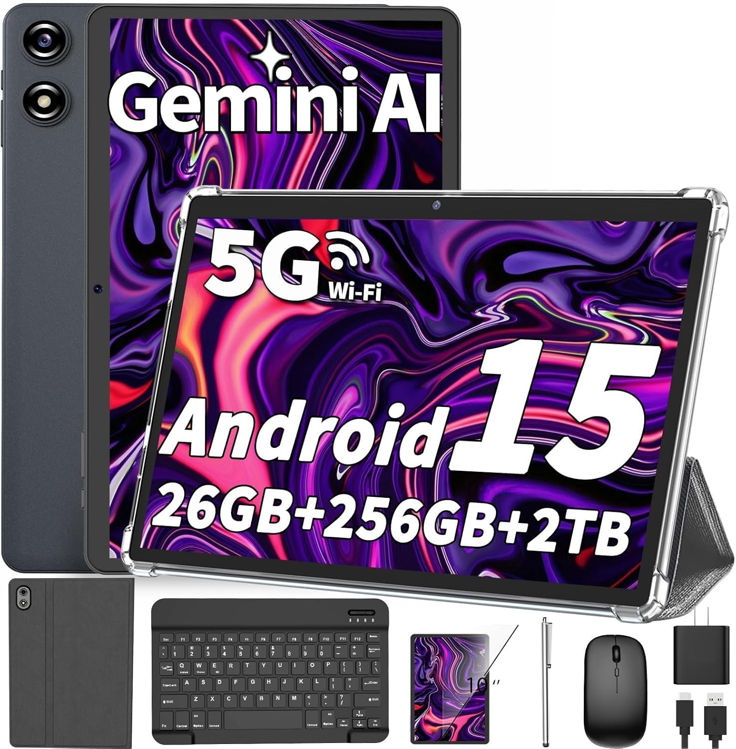 Android tablet 10 inch, 2026 Android 15 Tablet with Keyboard, 26GB+256GB (2TB Expand), Gemini AI Tablet with 8-Core, 8000mAh, 5G WiFi, Widevine L1, 2 in 1 Tablets PC with Case/Mouse/Stylus-Silver Case