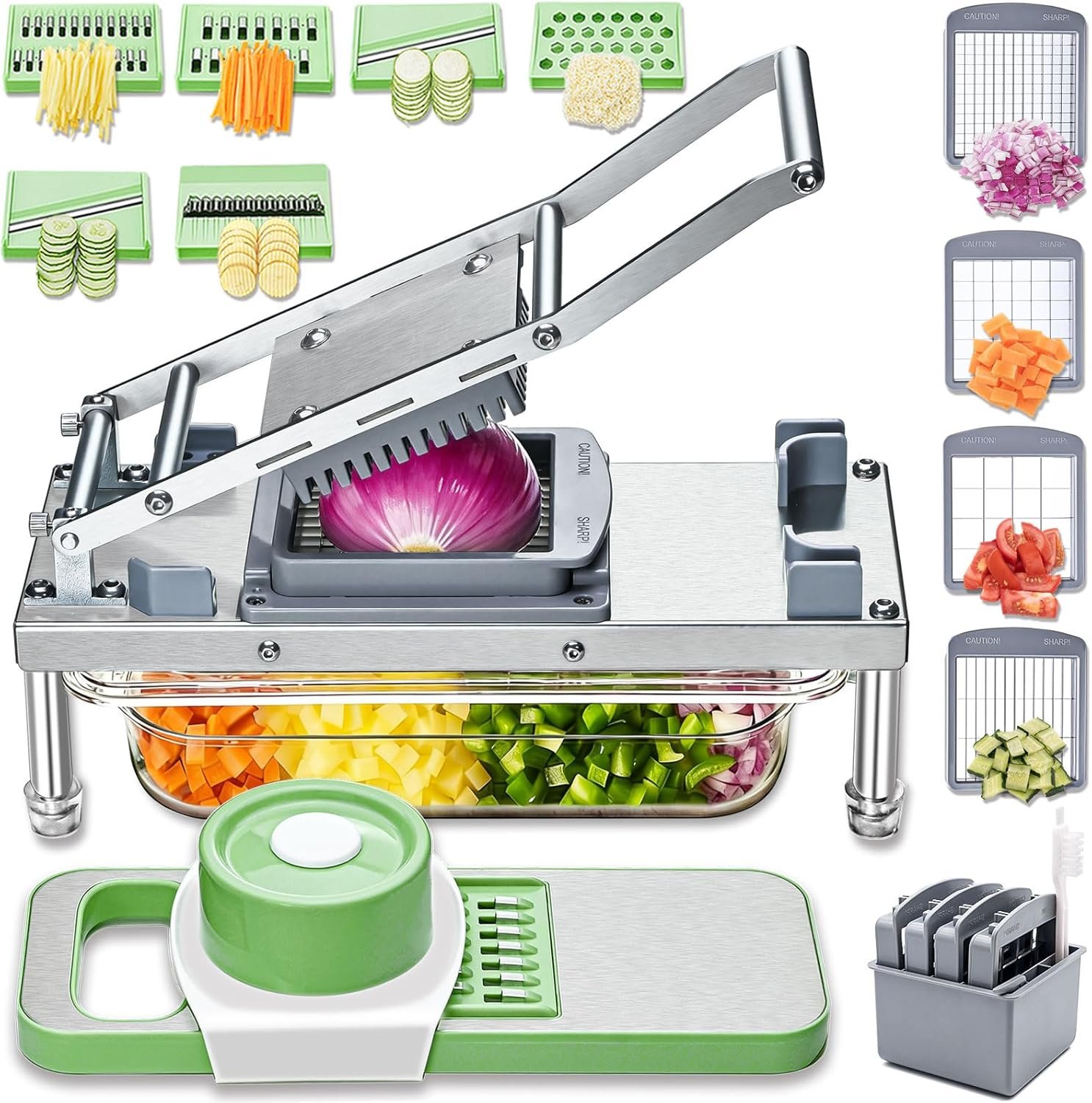 Stainless Steel Vegetable Chopper with 10 Blades – Mandoline Slicer-Pro Food Chopper with Container – Veggie Salad Onion Chopper – Potato Dicer – Tomato Cutter – Cheese Grater