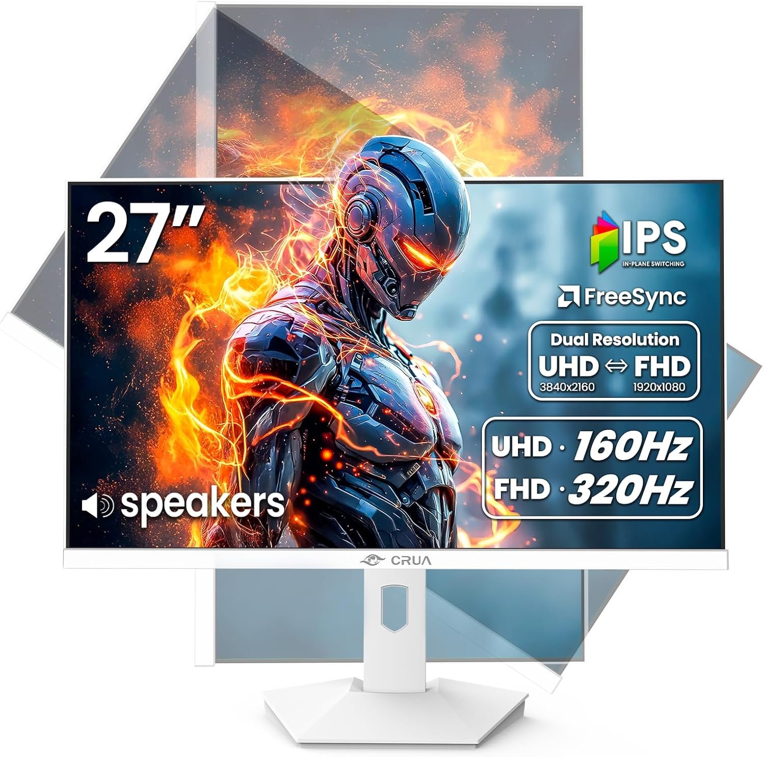 CRUA 27” 4K Gaming Monitor, UHD 160Hz / FHD 320Hz Dual Mode IPS White Computer Monitors, Rotating/Pivot & Height-Adjustable, AMD FreeSync, Built-in Speakers, PIP/PBP, HDMI 2.1 & DP 1.4