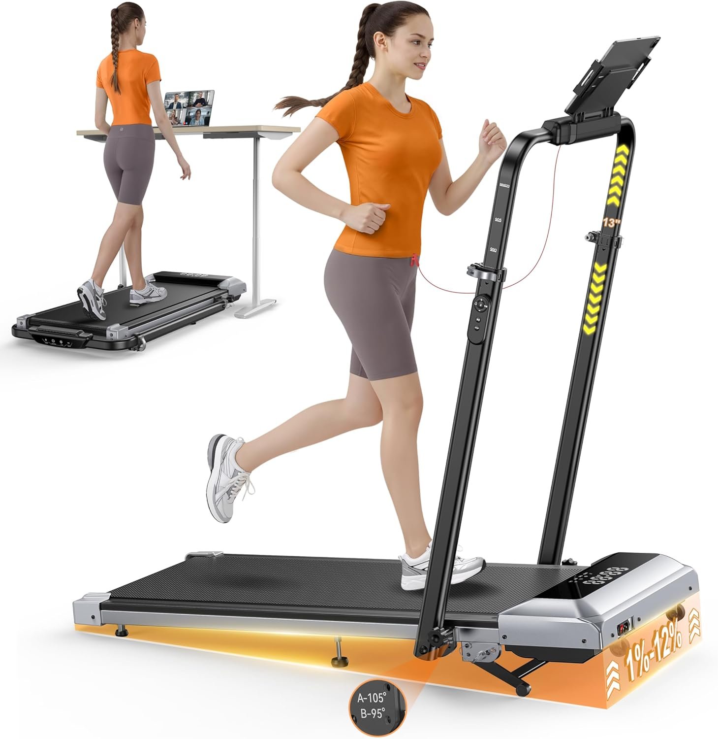 TOPUTURE Walking Pad Treadmill with 12% Incline, 6 in 1 Folding Treadmill with Adjustable Handle Bar for Home/Office, Under Desk Treadmills Portable Walking Pad with App, Remote Control & LED Display