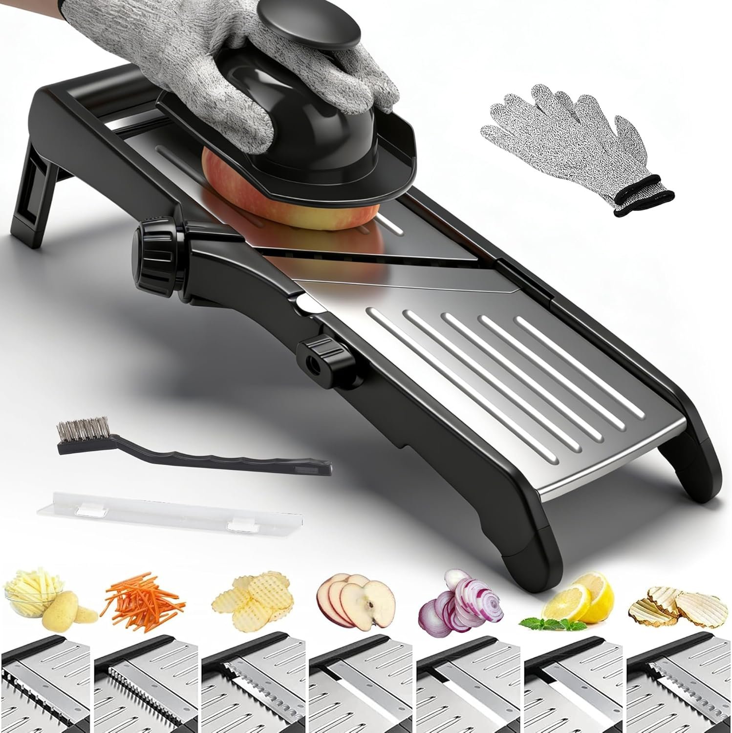 Mandoline Food slicer for kitchen, Adjustable Stainless Steel Mandoline Vegetable slicer, Food slicer Onion Potato Chip French Fry, 7 in-1 Adjustable Blade, Including 1 Pair of Gloves