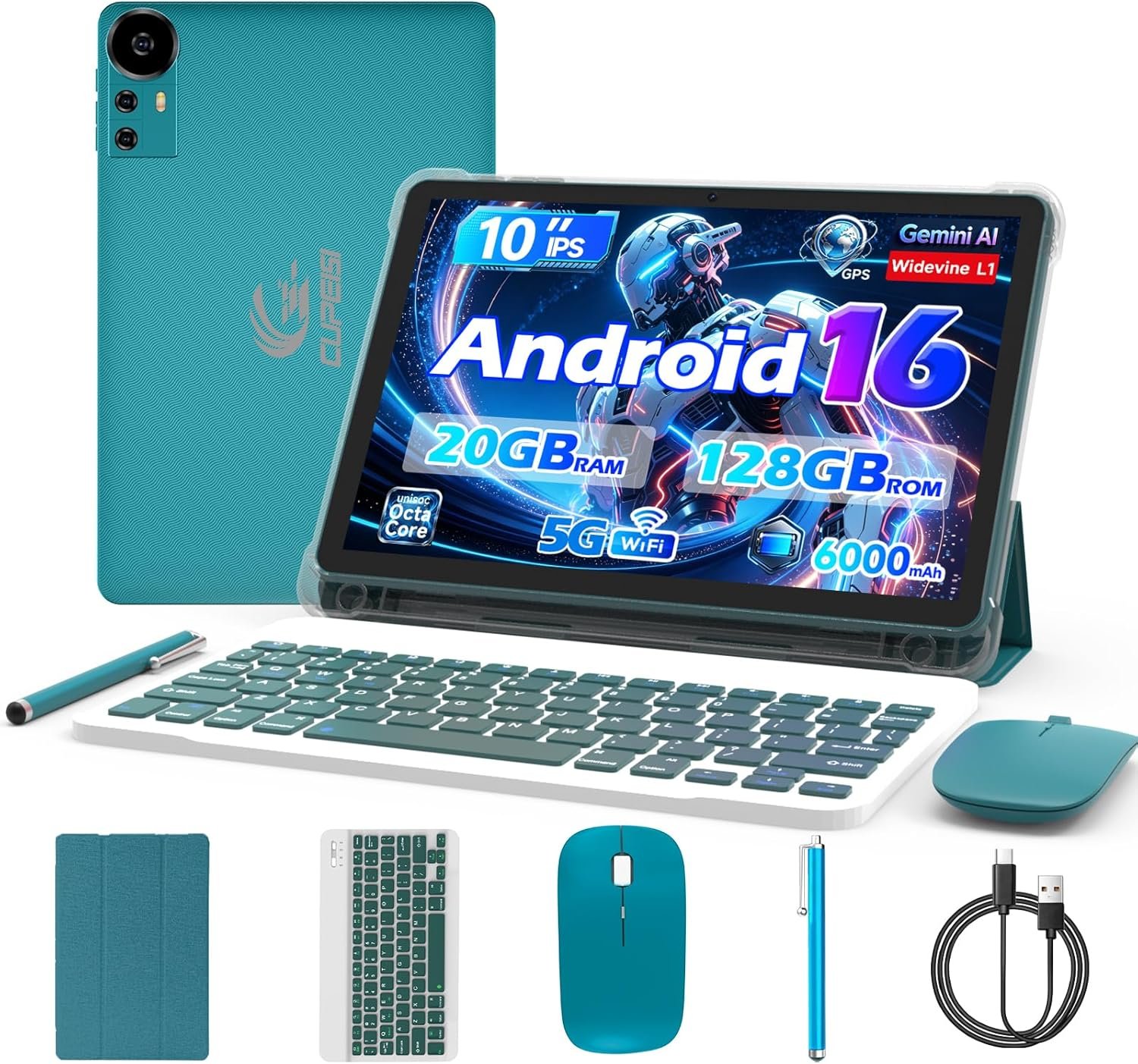CUPEISI Android 16 Tablet 10 Inch, 20GB RAM+128GB ROM/ 2TB Expandable, 2.0GHz Octa-core Processor, 1280*800 HD Screen, 5G WiFi6 BT 5.0, 2 in 1 Tablets with Keyboard Case Mouse Stylus, Widevine L1 Blue