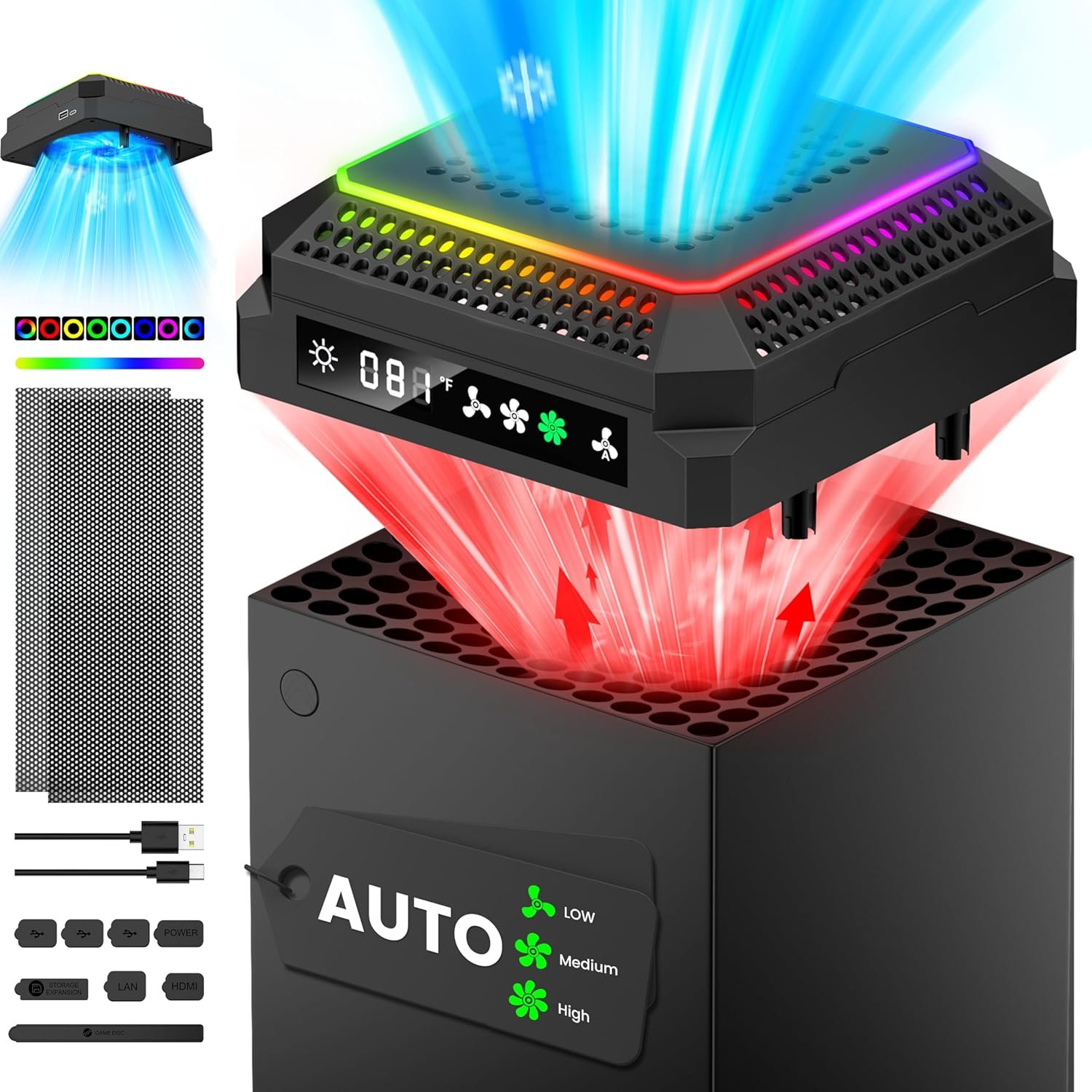 Auto Cooling System Compatible with Xbox Series X w LED Display Whisper Quiet Adjustable by Temperature, Series X Console Air Cooler Fan,2 USB Port,Rubber Dust Plugs for Xbox 360 Batteries