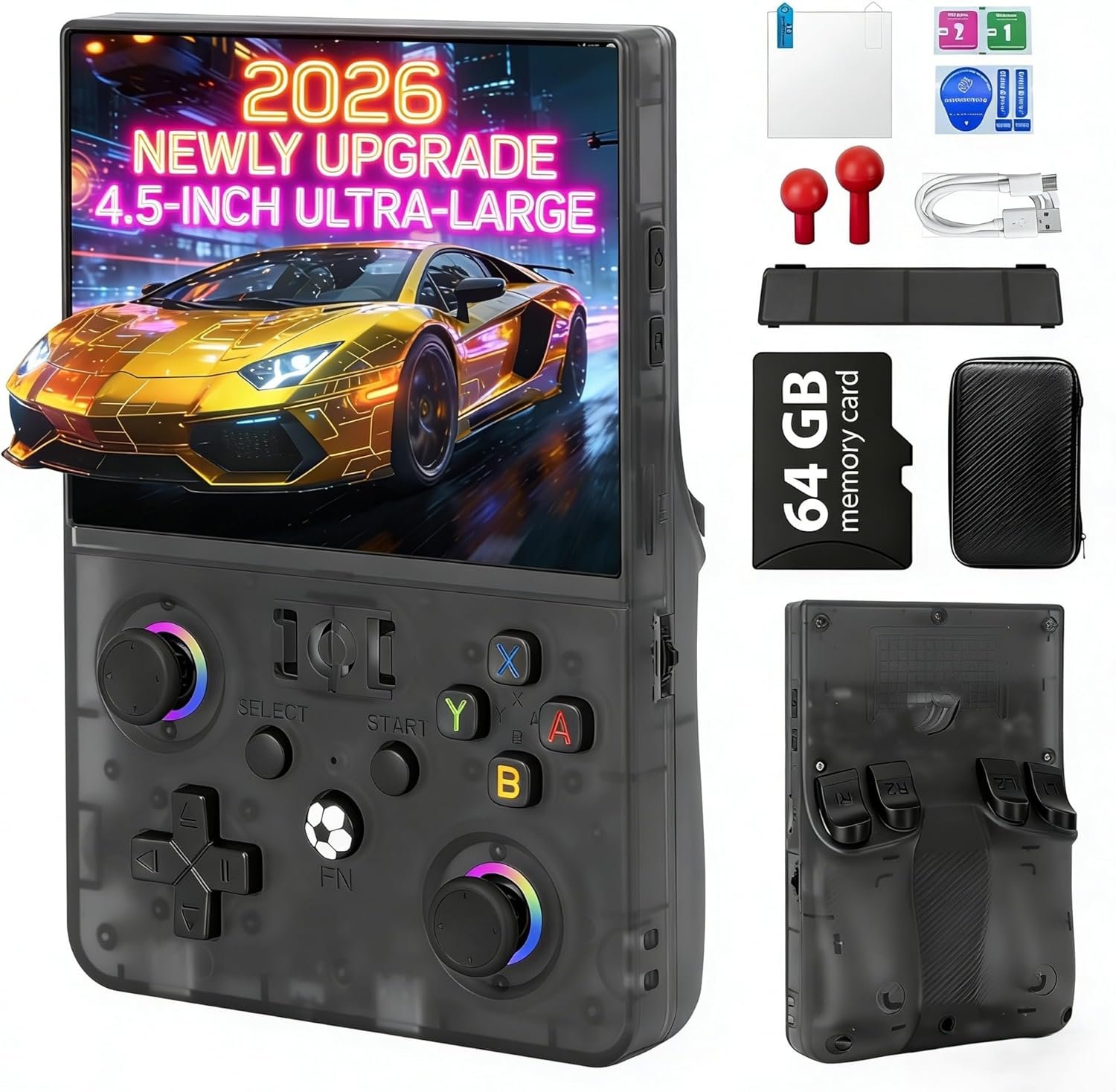 2026 NEW Upgrade R36MAX Ⅱ Retro Handheld Game Console – 4.5 Inch Ultra-Large Screen, Support 18000+Classic Games, 64G TF Card, Linux System, 4000mAh Battery, Birthday Gift for Adult – Black