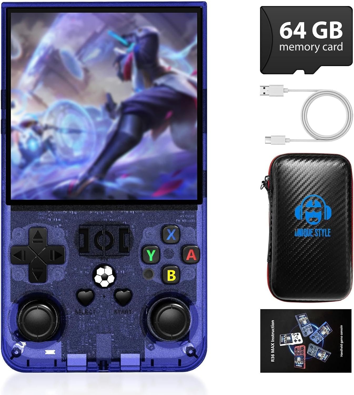 R36 Max Retro Gaming Console, Retro Handheld Console 4.0” Screen Linux System, 64G TF Card, Support 30+ Simulators, 4000mAh Rechargeable Portable Pocket Arcade, Azure