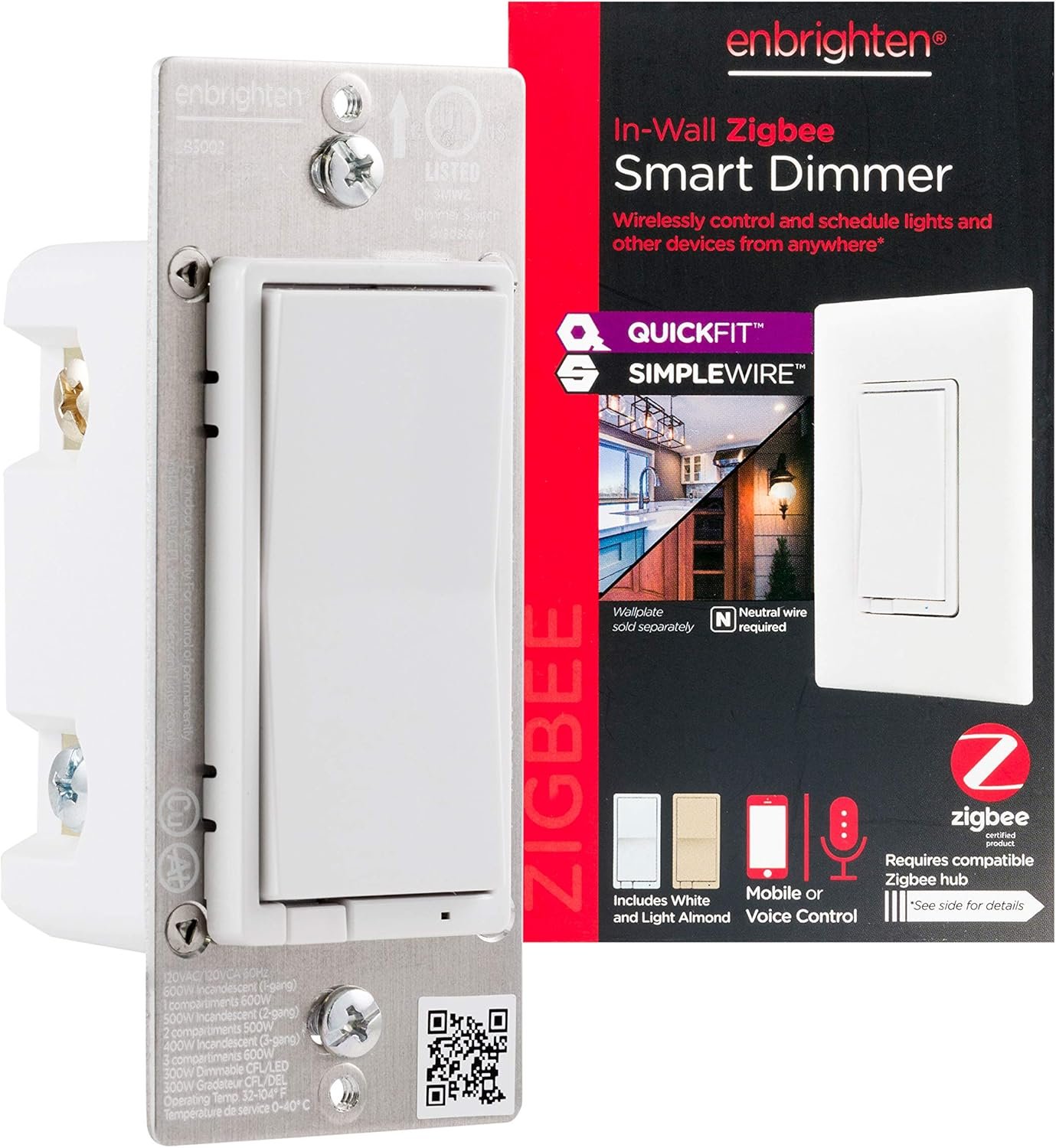 Enbrighten 43080 Zigbee in-Wall Smart Paddle Dimmer with QuickFit and SimpleWire, White/Almond