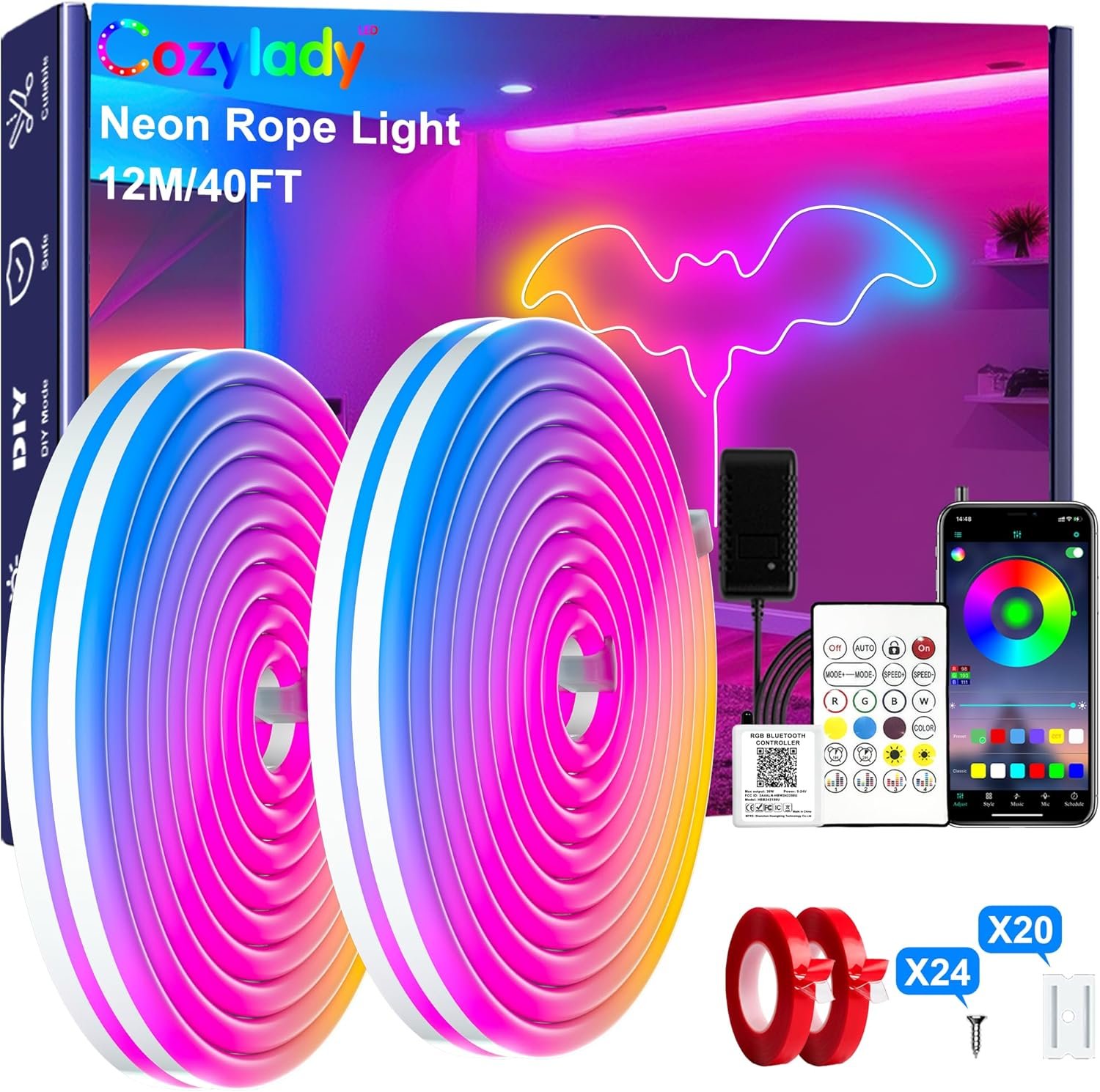 Cozylady 12M(2 Roll 6M) RGB Neon Lights LED Rope Light,40ft Waterproof Bluetooth APP Remote Control Music Sync Strip Light,24V Flexible DIY Silicone Light for Bedroom Home Indoor Outdoor Decor(40ft)