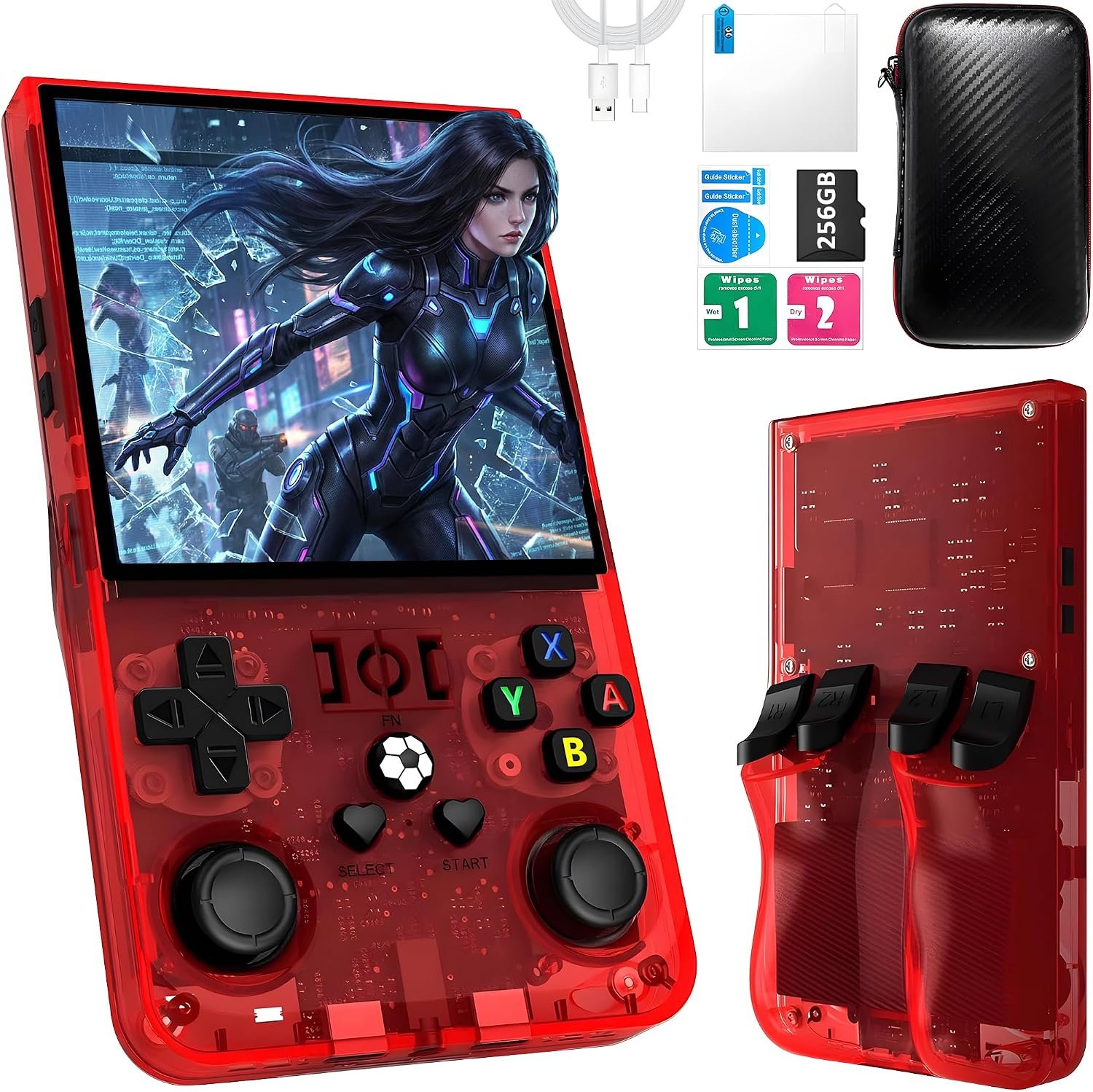 R36MAX Handheld Game Console, 40000+ Games Retro Gaming Console, 256GB TF Card Mini Retro Video Console, 4000mAh Rechargeable 4.0″ IPS HD Screen Portable Pocket Arcade (Transparent Red)